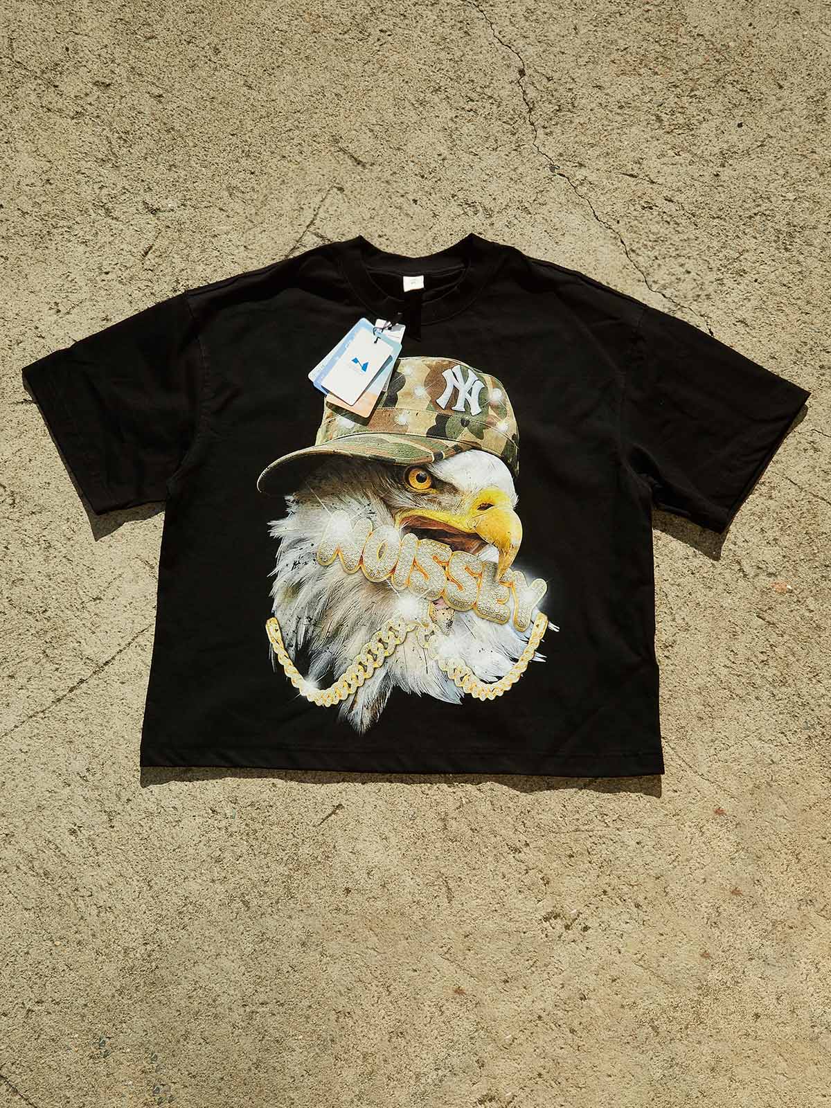 Eagle Graphic Oversized Boxy T-Shirt - Camo Cap & Bling Print Streetwear