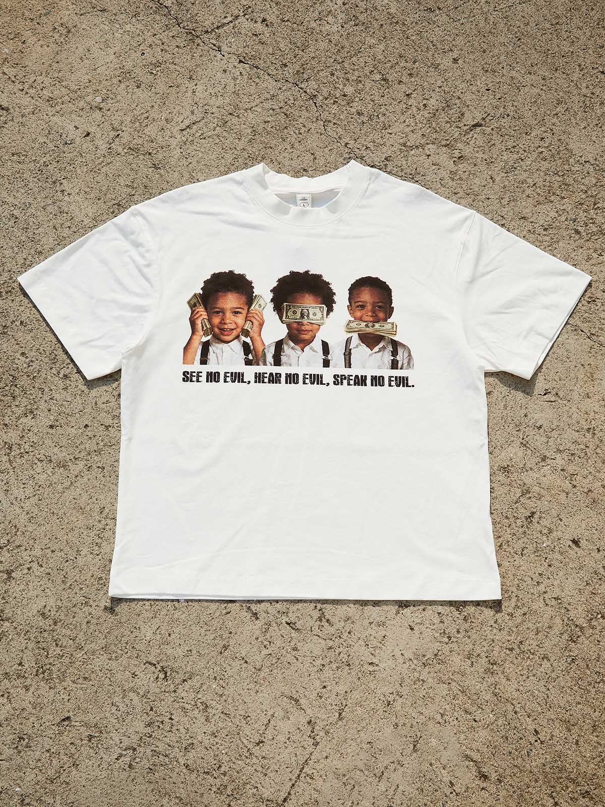"See no evil, hear no evil, speak no evil" child-art print Streetwear T-shirt