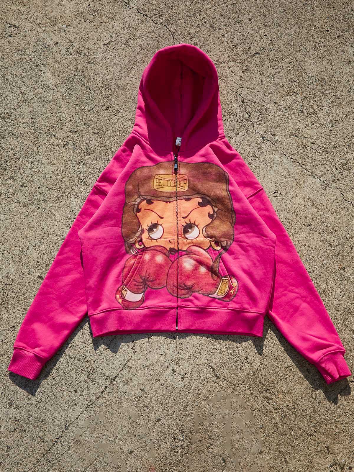 Vintage Betty Boop Boxing Graphic Hoodie - Y2K Aesthetic Boxy Zip-Up