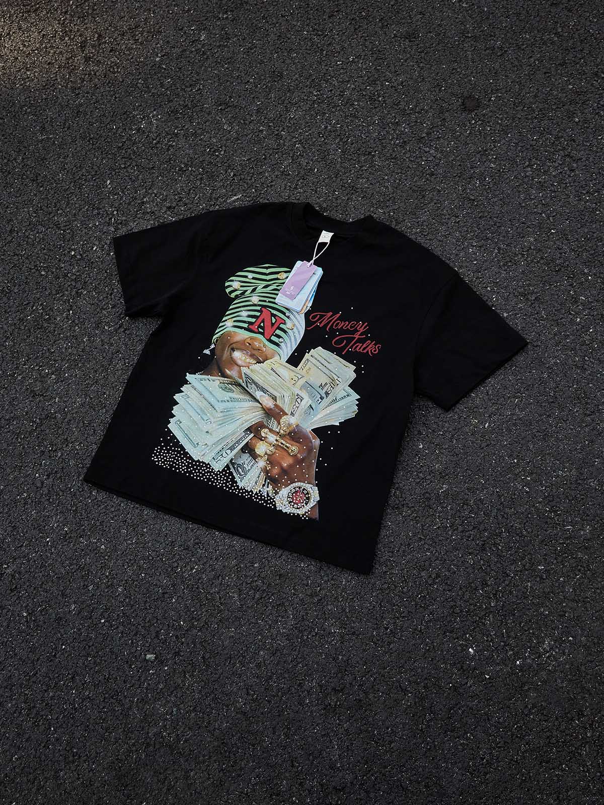NOISSEY "Money Talks" Glitter Diamond Art T-Shirt - Black