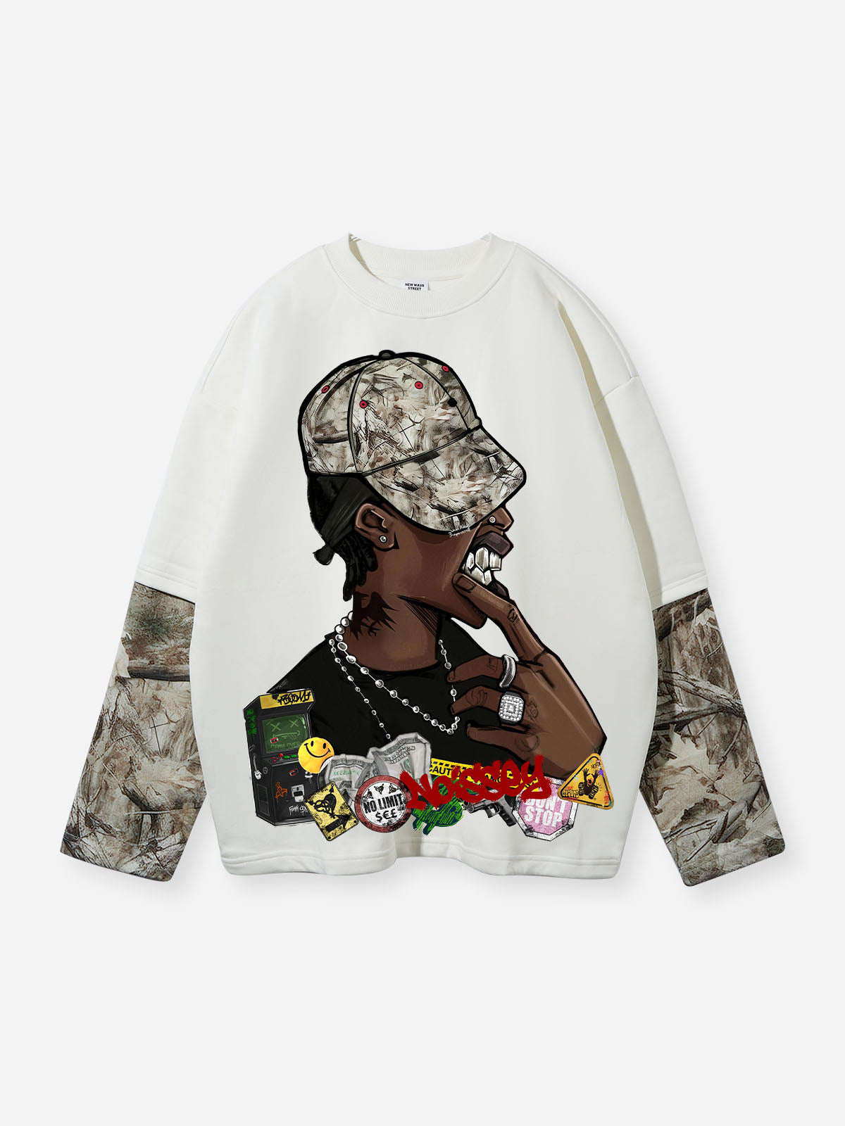"URBAN CAMO" PORTRAIT PATCHWORK CREWNECK – BONE WHITE OVERSIZED LONG SLEEVE