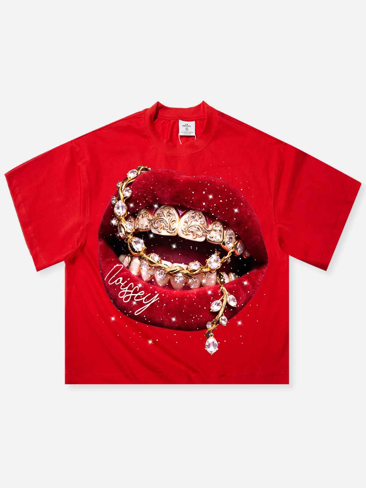NOISSEY Y2K Bling Red Lips & Gold Chain Rhinestone T-Shirt - Red 255G Boxy Oversized Fit