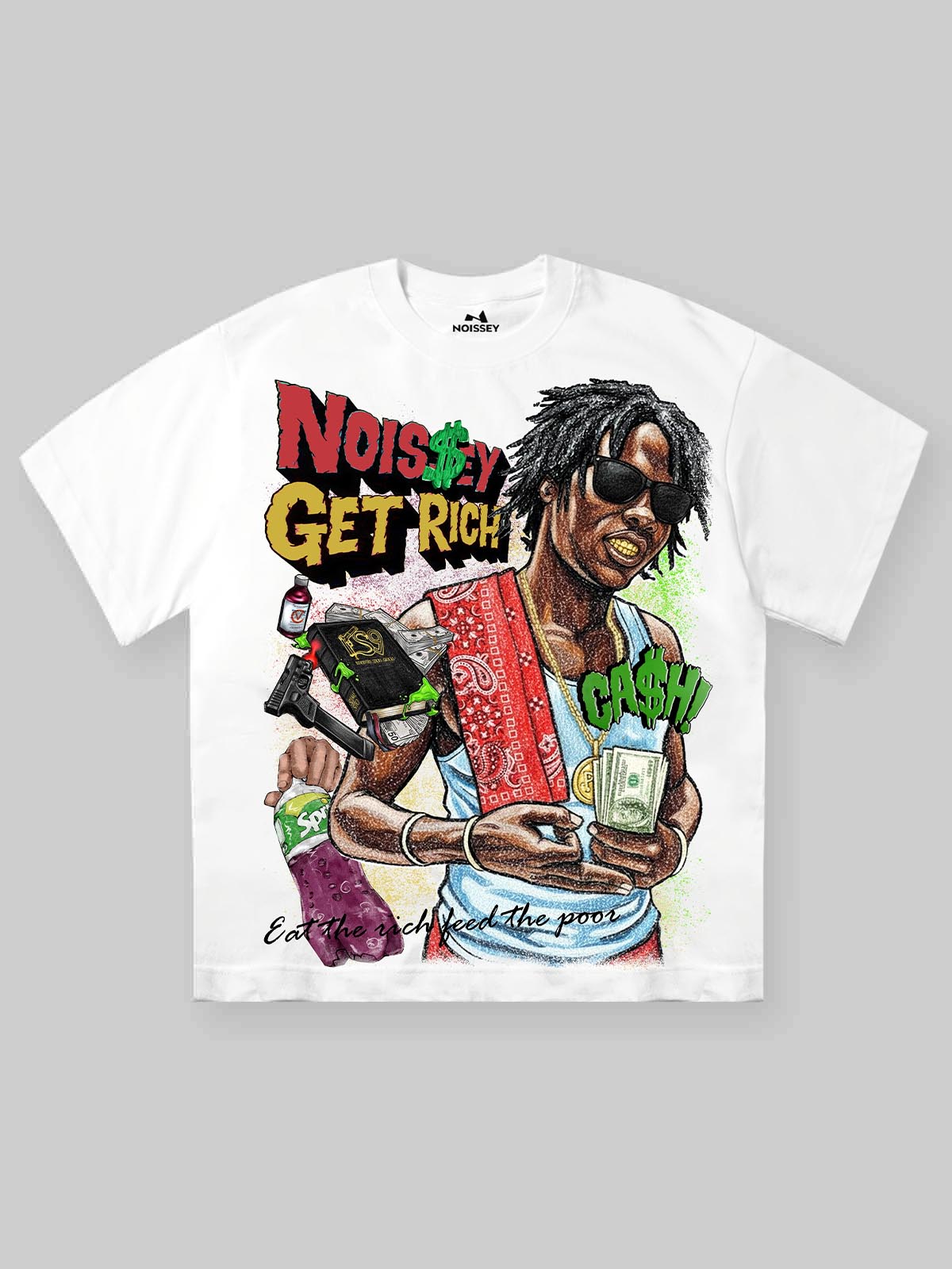 "EAT THE RICH" HUSTLE GRAFFITI TEE – VINTAGE WHITE OVERSIZED STREETWEAR