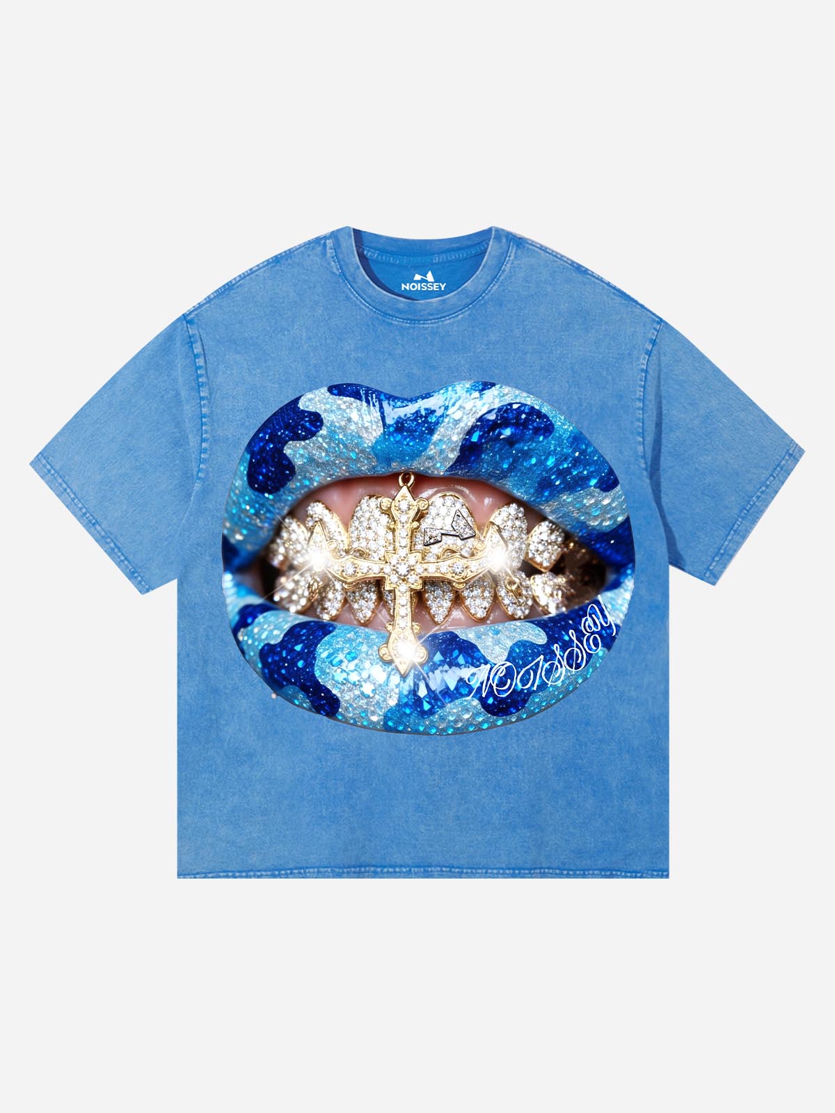 Noissey "Icy Blue" Grillz Graphic Tee – Wash Oversized T-Shirt with Diamond Camo Print