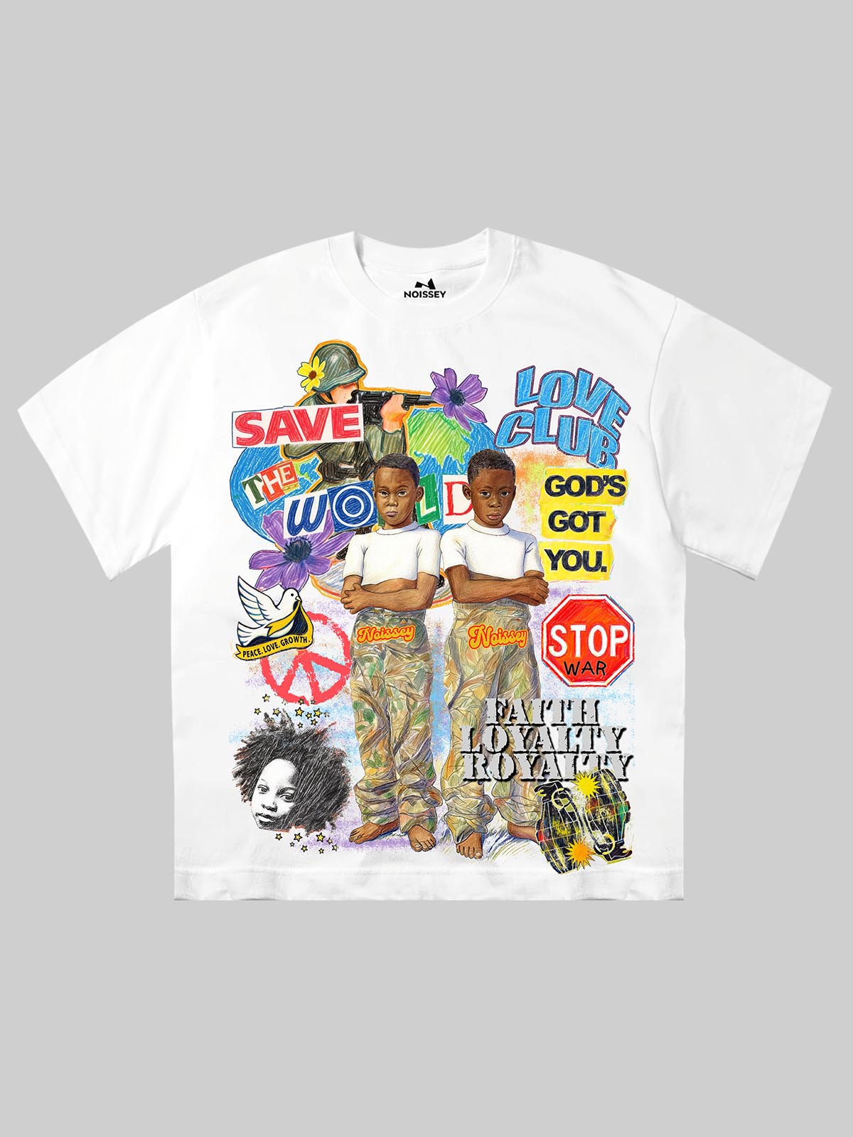 NOISSEY "Save The World" Peace Collage T-Shirt - Stop War & Faith Loyalty Graffiti Graphic Tee