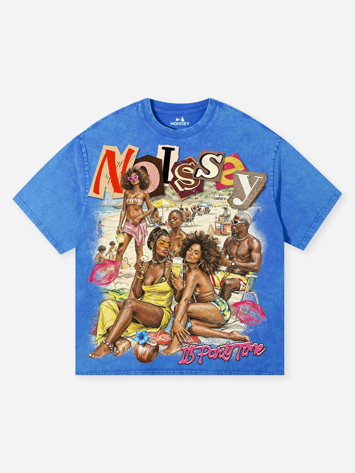NOISSEY "BEACH PARTY" RETRO ILLUSTRATION WASHED BLUE OVERSIZED TEE