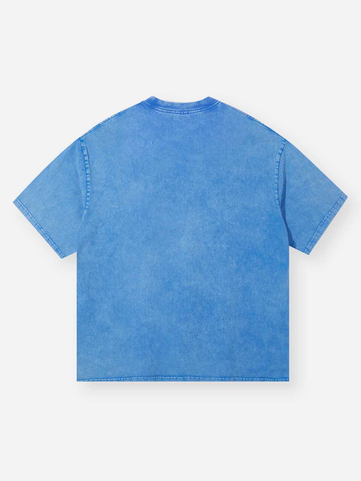 Rap Star Cat with Cat Ears Blue Washed Print T-Shirt