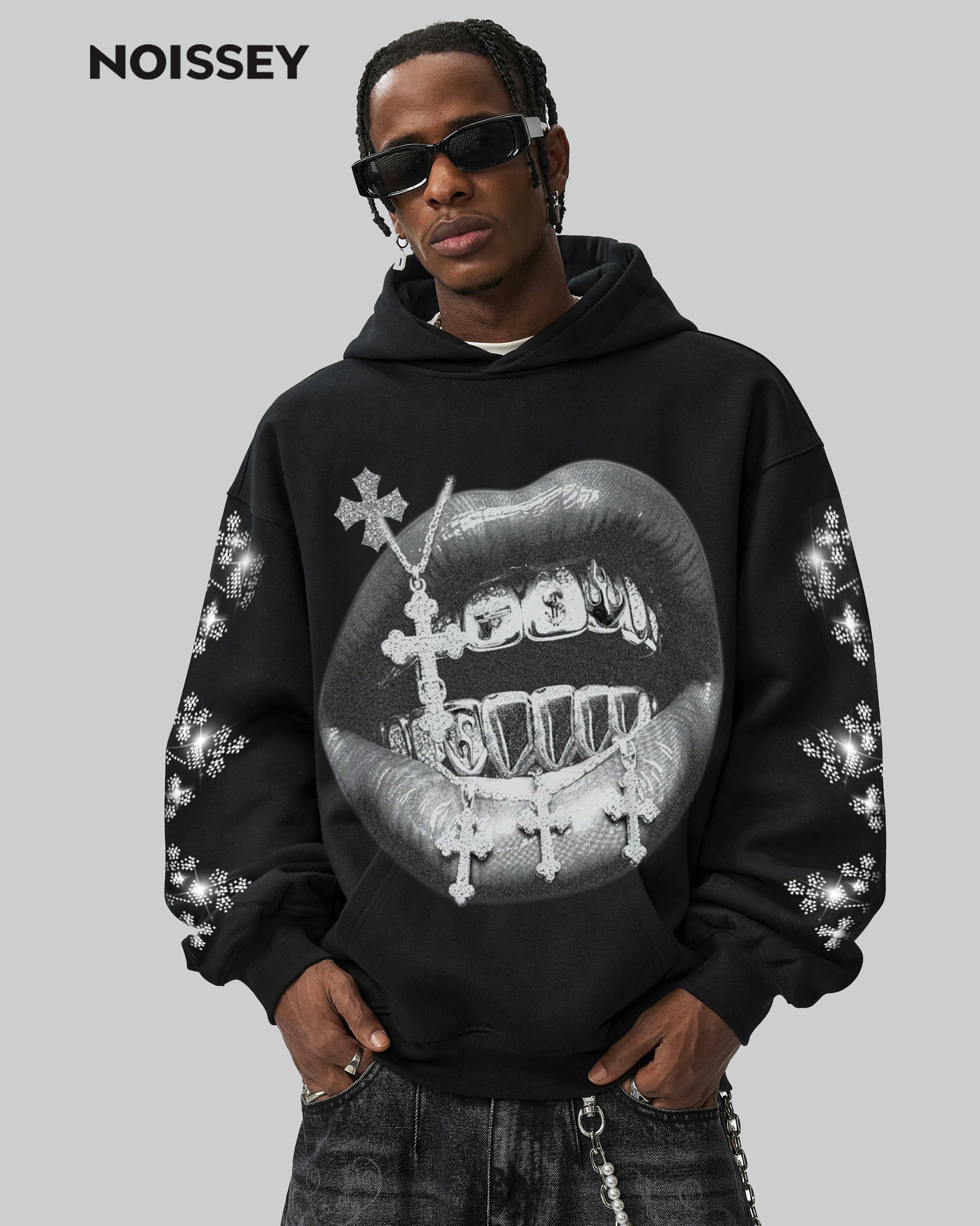 NOISSEY Cross Grillz Rhinestone Sleeve Thermal Hoodie