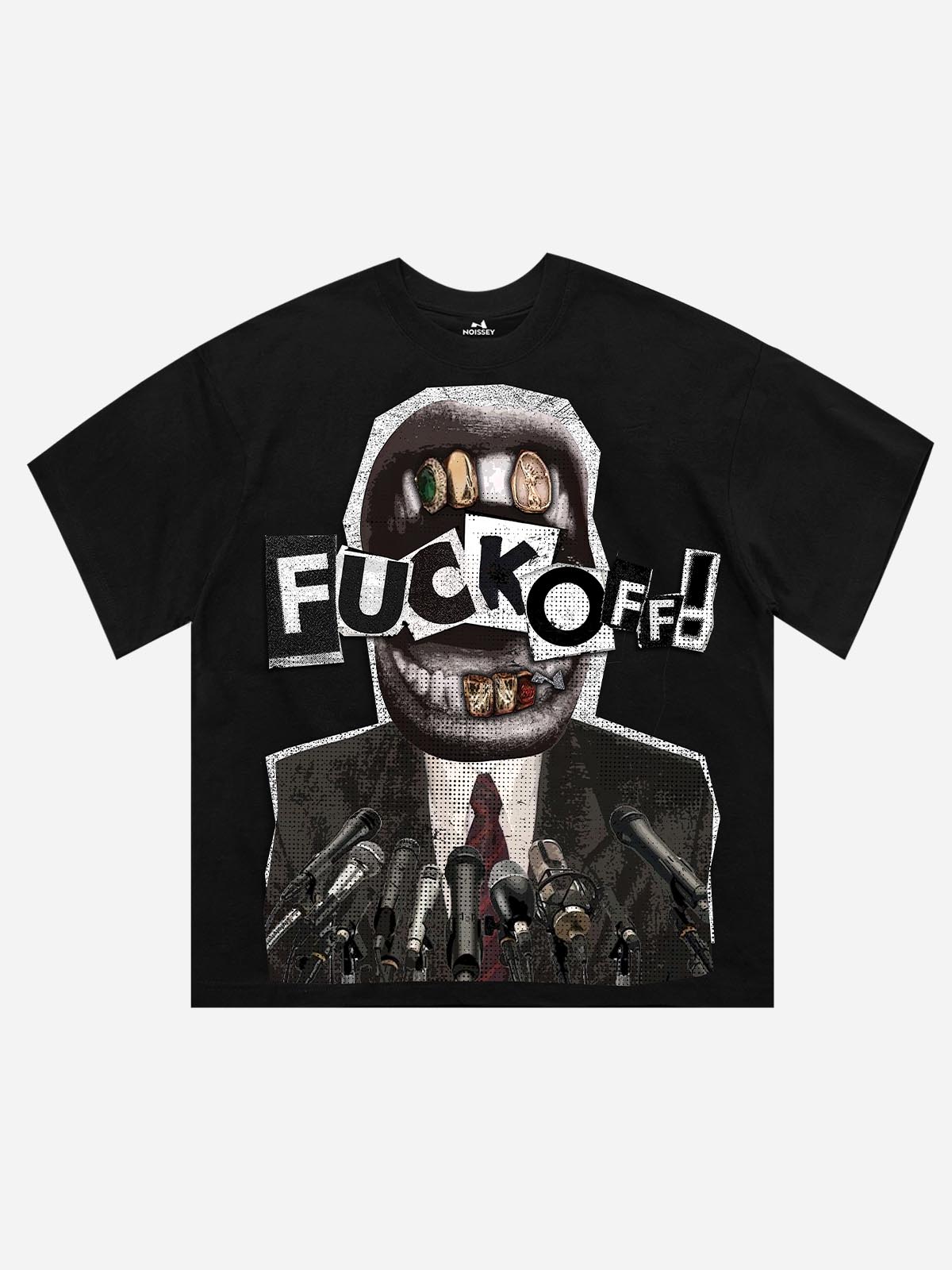 NOISSEY "Public Silence" Punk Collage Tee - Distressed Mouth & Microphone Graphic