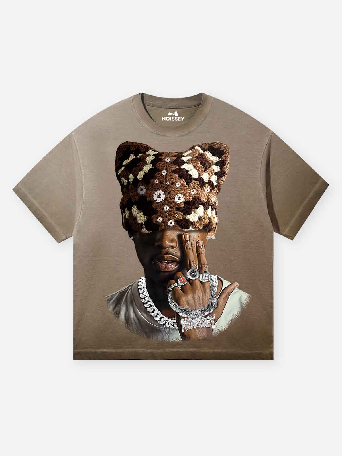 NOISSEY Chocolate Brown "Crochet Cat Beanie" Portrait Vintage Wash Tee