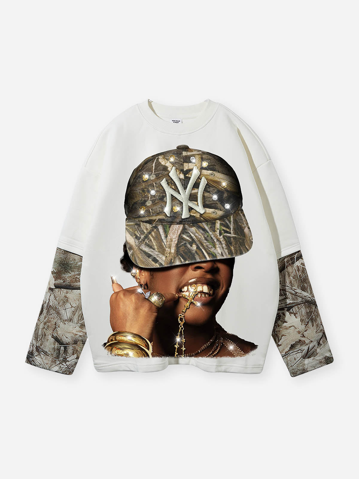 NOISSEY Real Tree Camo "Rhinestone NY" Portrait Layered Long Sleeve
