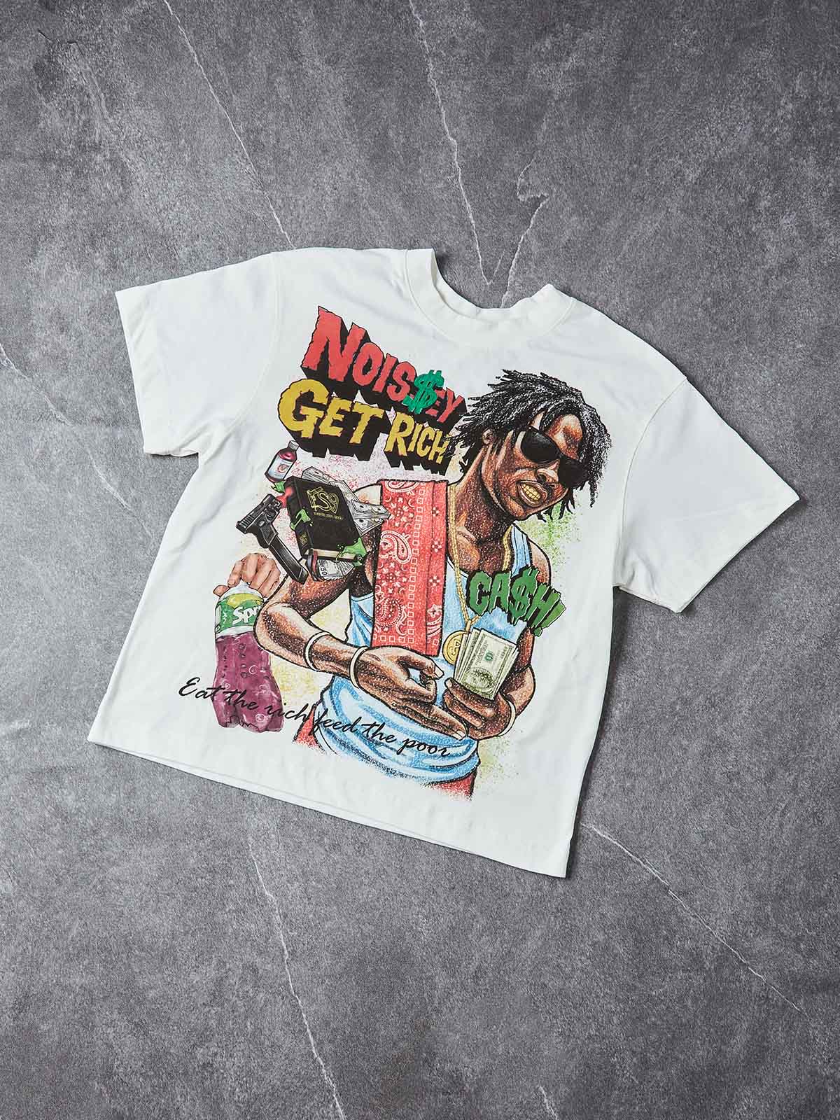 "EAT THE RICH" HUSTLE GRAFFITI TEE – VINTAGE WHITE OVERSIZED STREETWEAR