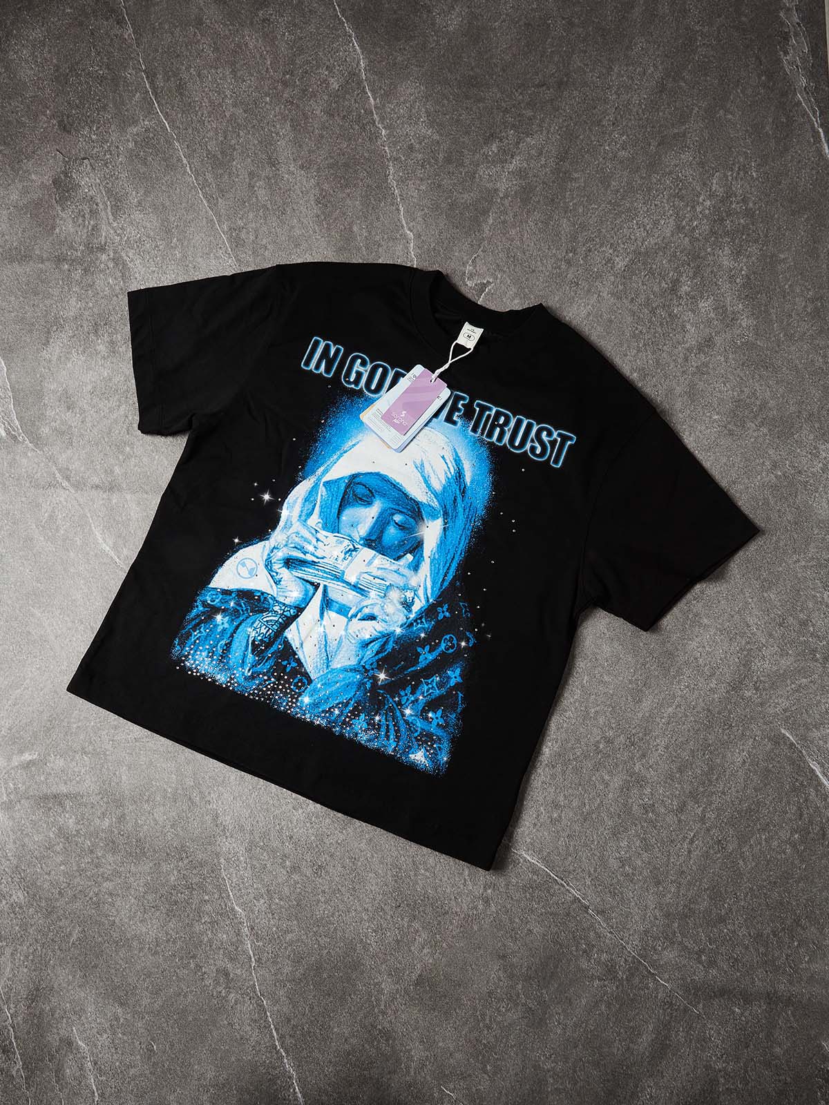 "IN GOD WE TRUST" ARCHIVAL TEE – VINTAGE BLACK OVERSIZED STREETWEAR