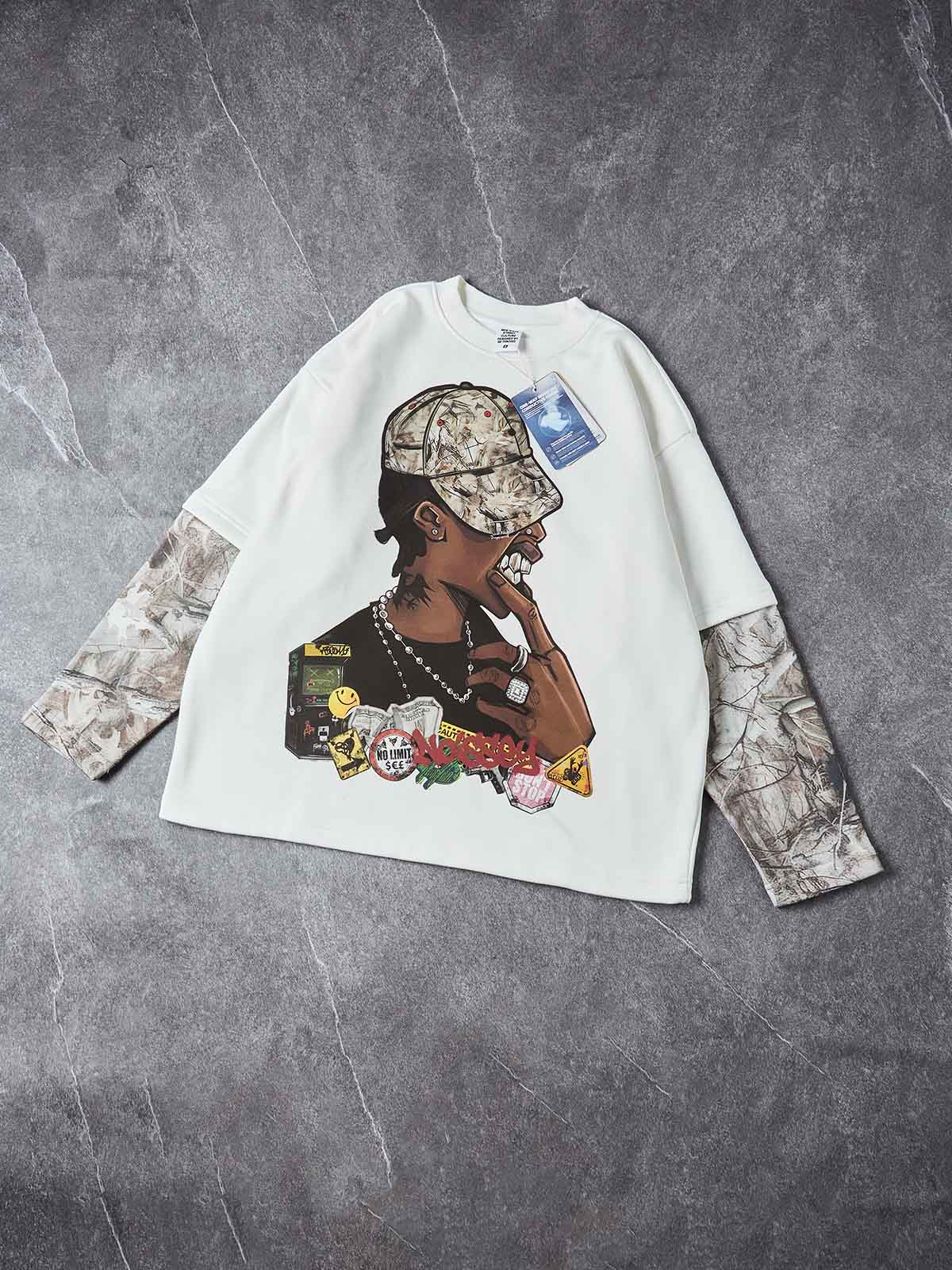"URBAN CAMO" PORTRAIT PATCHWORK CREWNECK – BONE WHITE OVERSIZED LONG SLEEVE