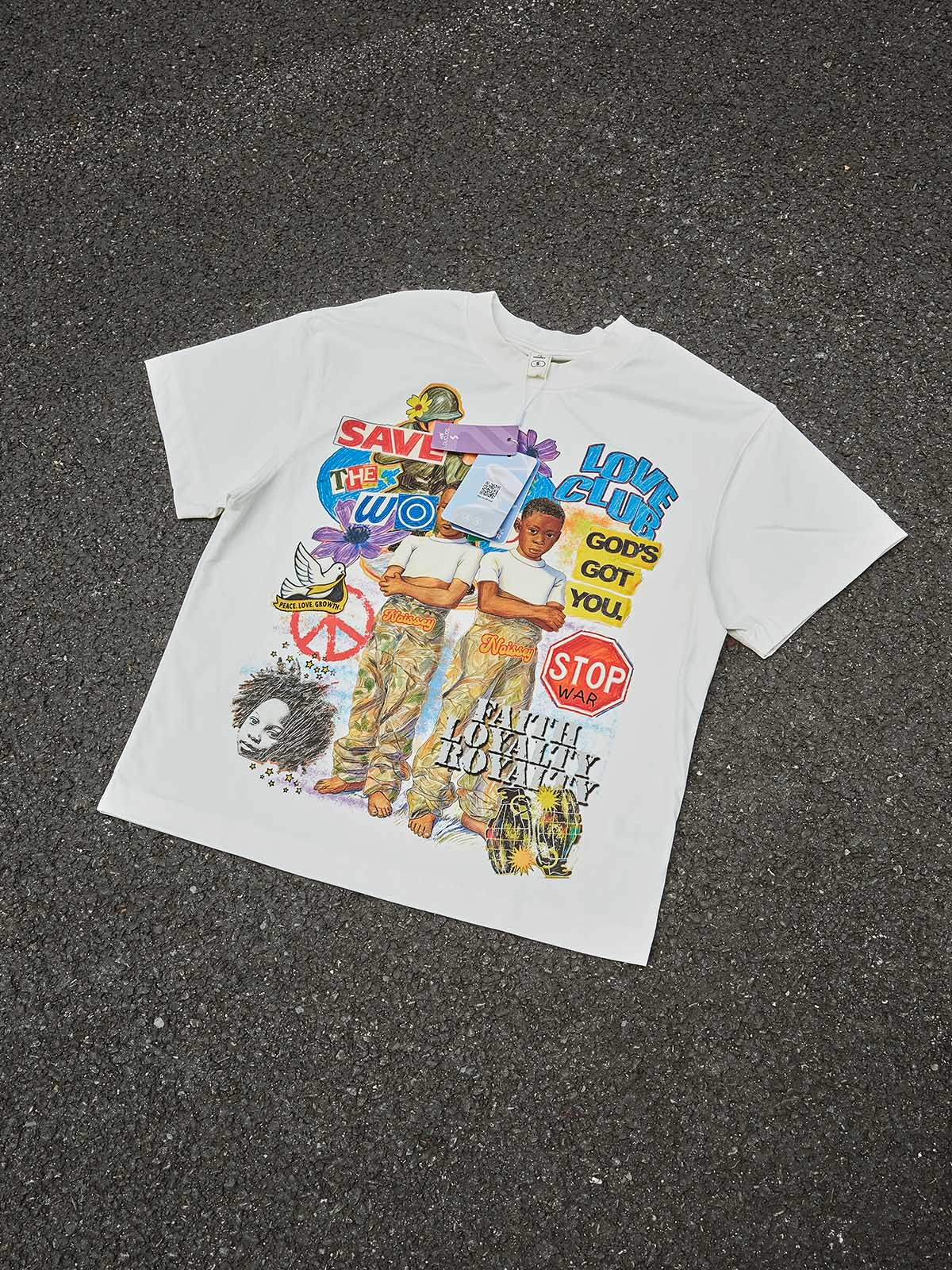 NOISSEY "Save The World" Peace Collage T-Shirt - Stop War & Faith Loyalty Graffiti Graphic Tee