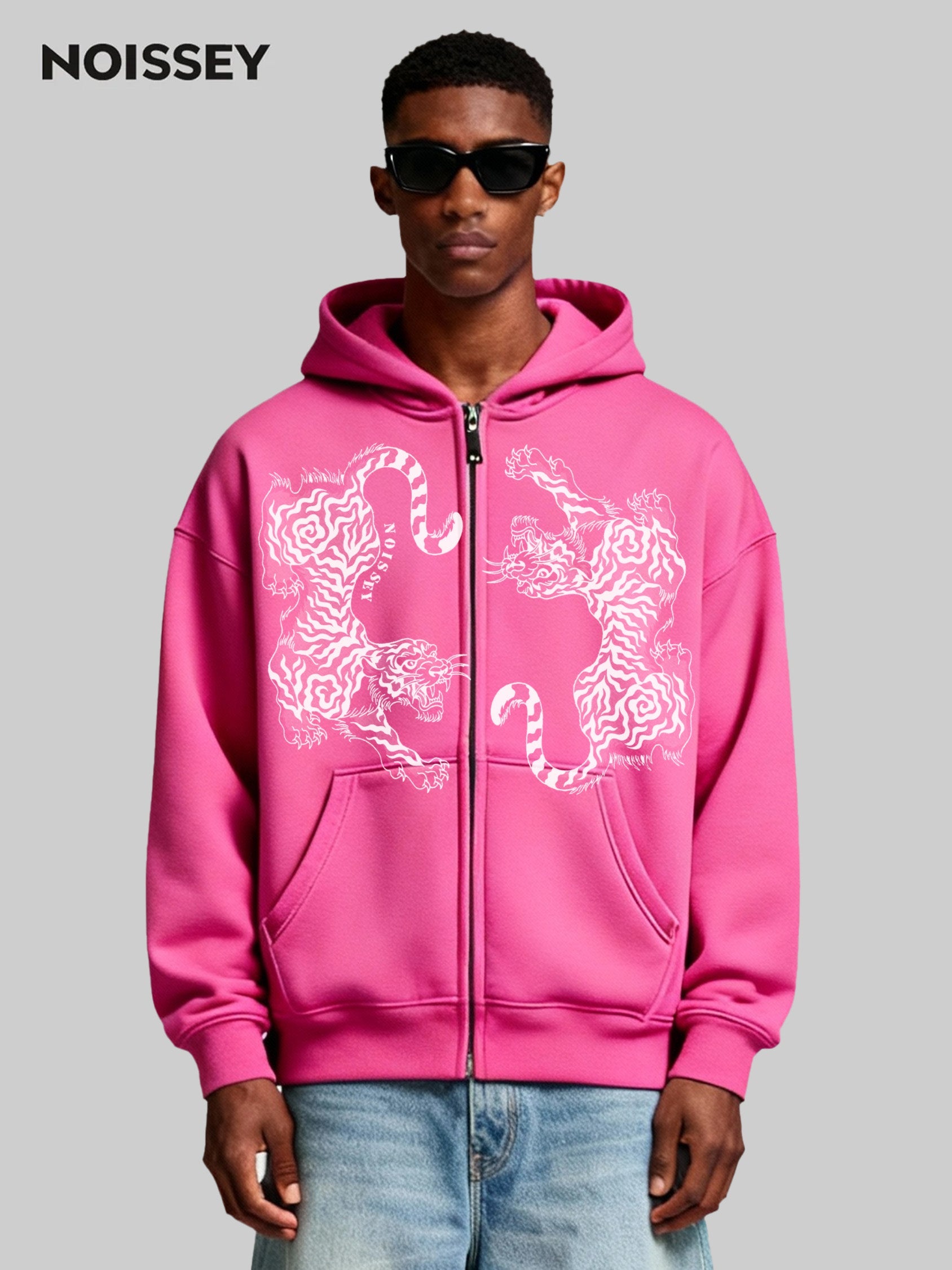 Pink Warm Printed Boxy Hoodie with Shadow Puppet Tige