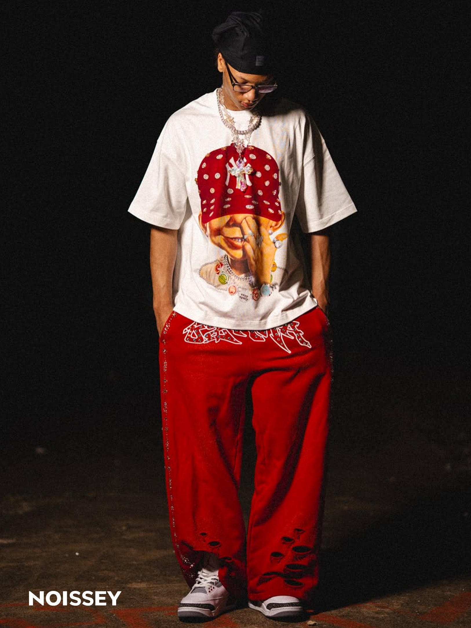 NOISSEY "Bad Boy Red Snapback" Tee - Clean White 260G Heavyweight Little Oversized Streetwear T-Shirt