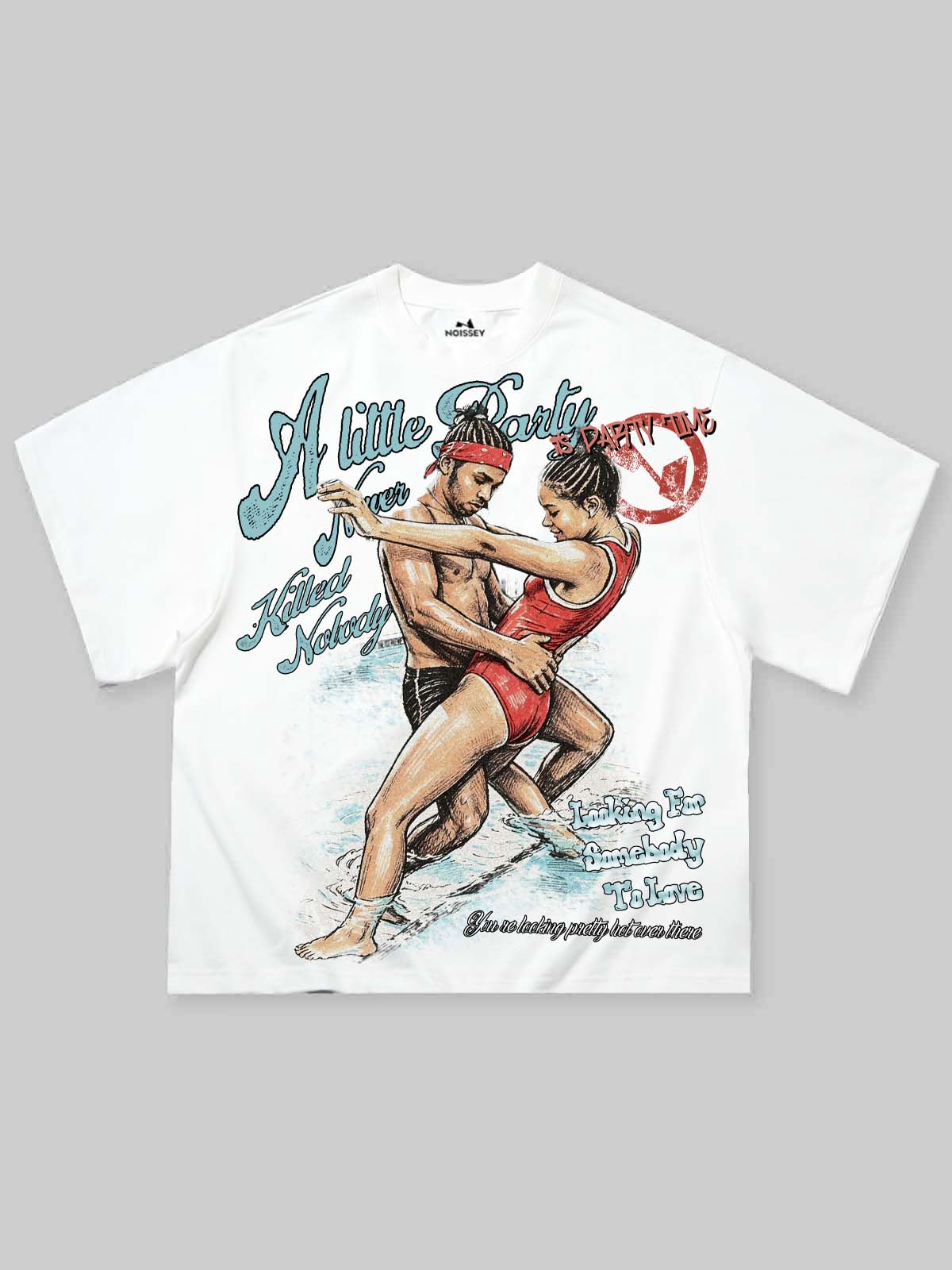NOISSEY Vintage Poolside Couple Dancing Painting Art Print Short Sleeve T-Shirt - White