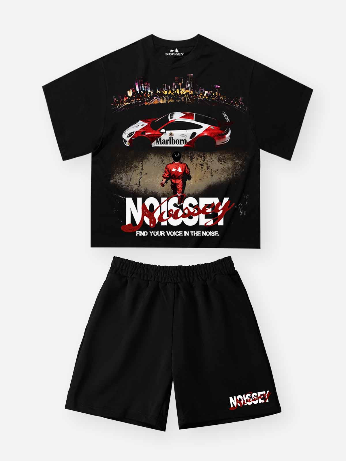 NOISSEY "Stacked Calligraphy" Shorts - Jet Black Heavyweight High-Street Loose Fit Sweat Shorts