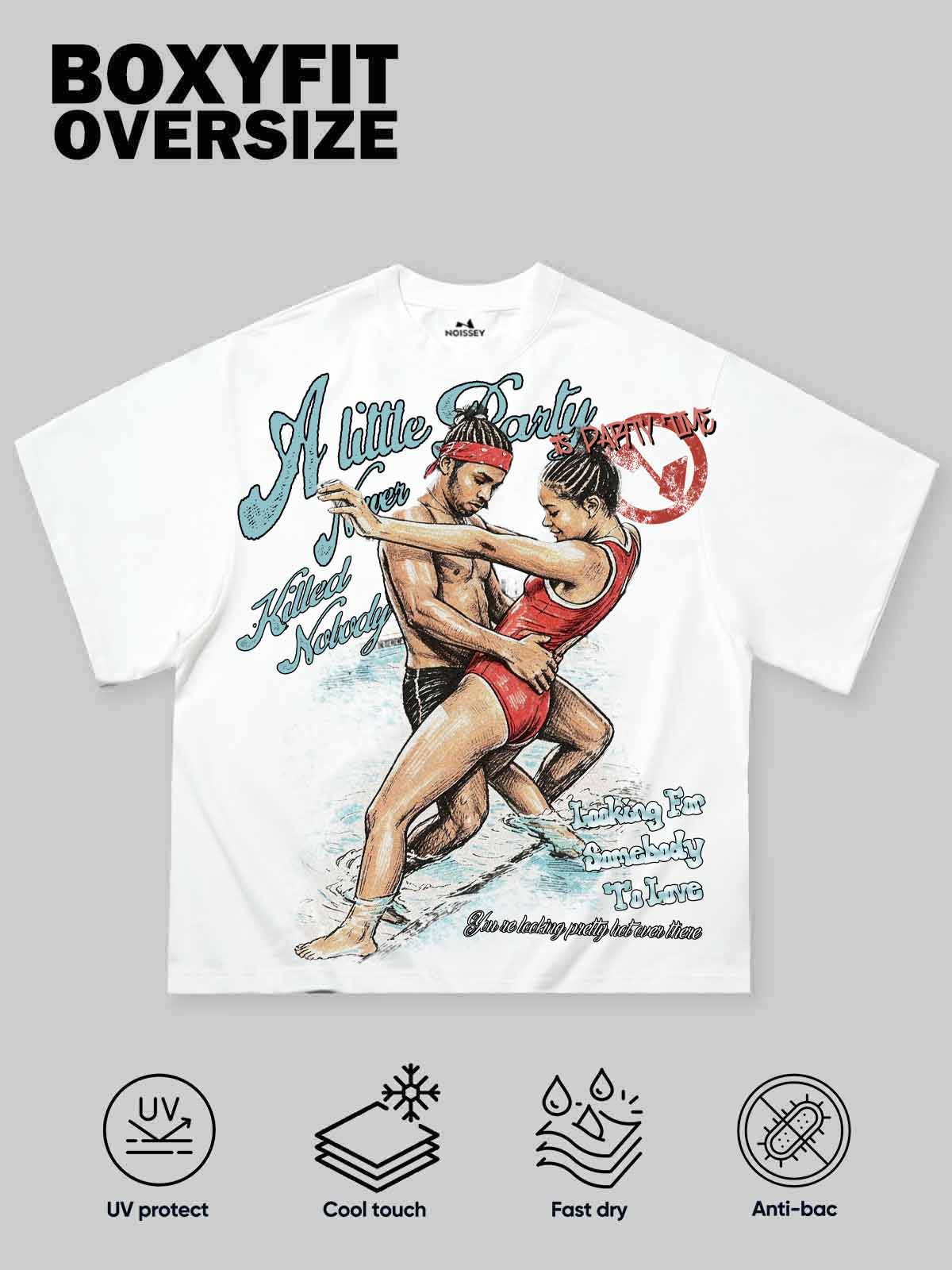 NOISSEY Vintage Poolside Couple Dancing Painting Art Print Short Sleeve T-Shirt - White