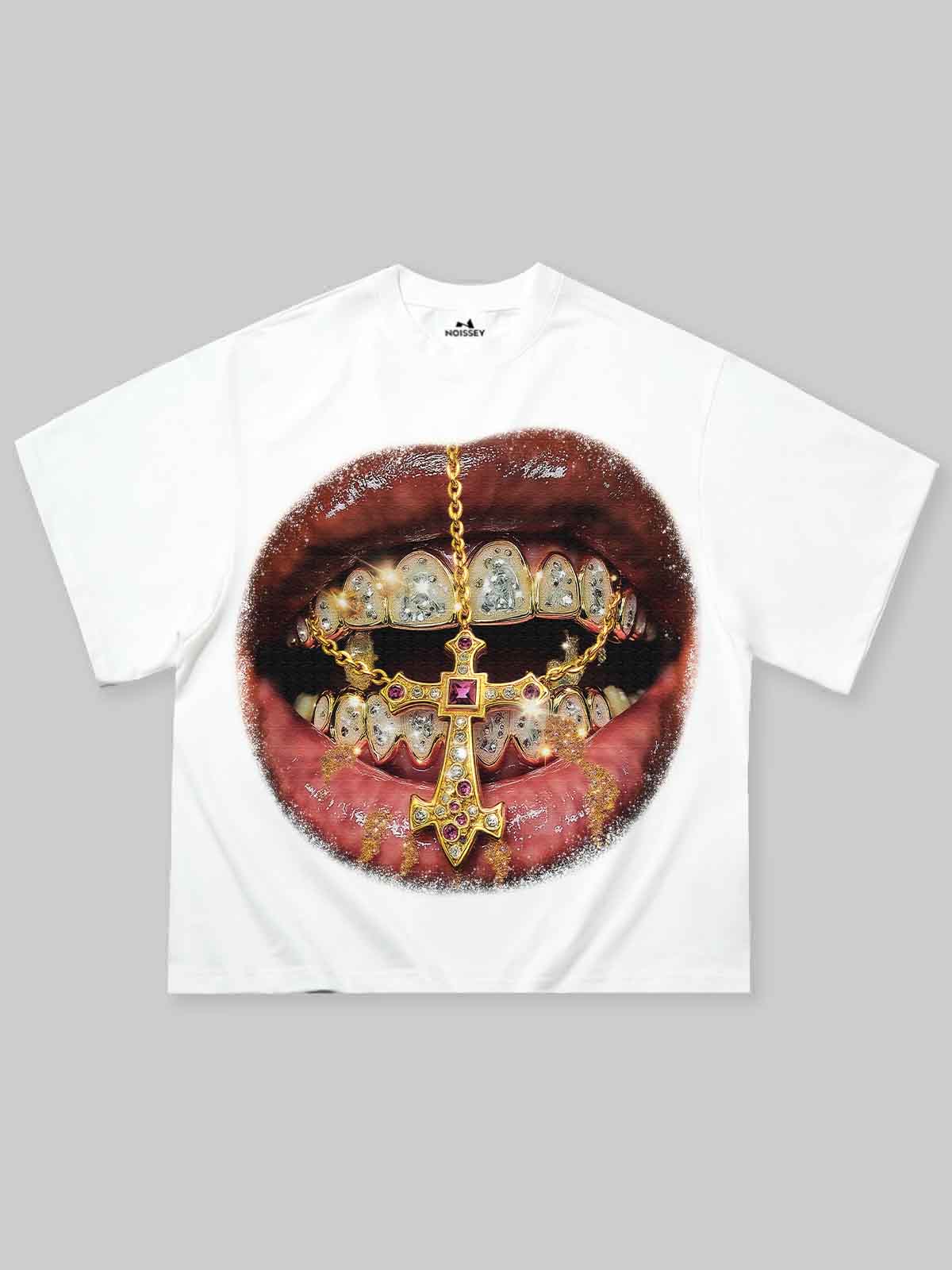 NOISSEY "Golden Cross Grills" Tee - Clean White Boxy Luxury Streetwear T-Shirt