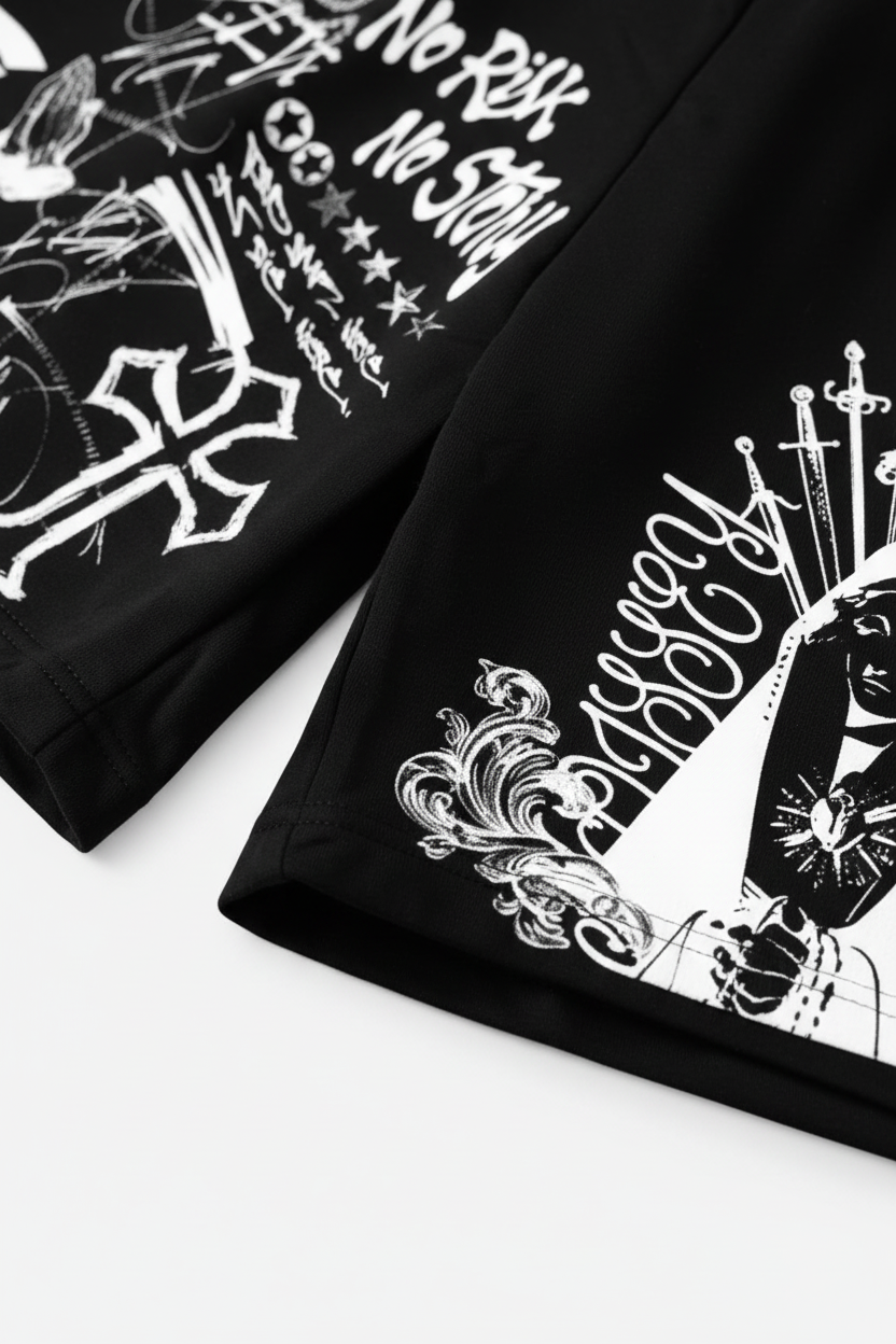 NOISSEY "SACRED RISK" RELIGIOUS GRAFFITI OVERSIZED SWEAT SHORTS
