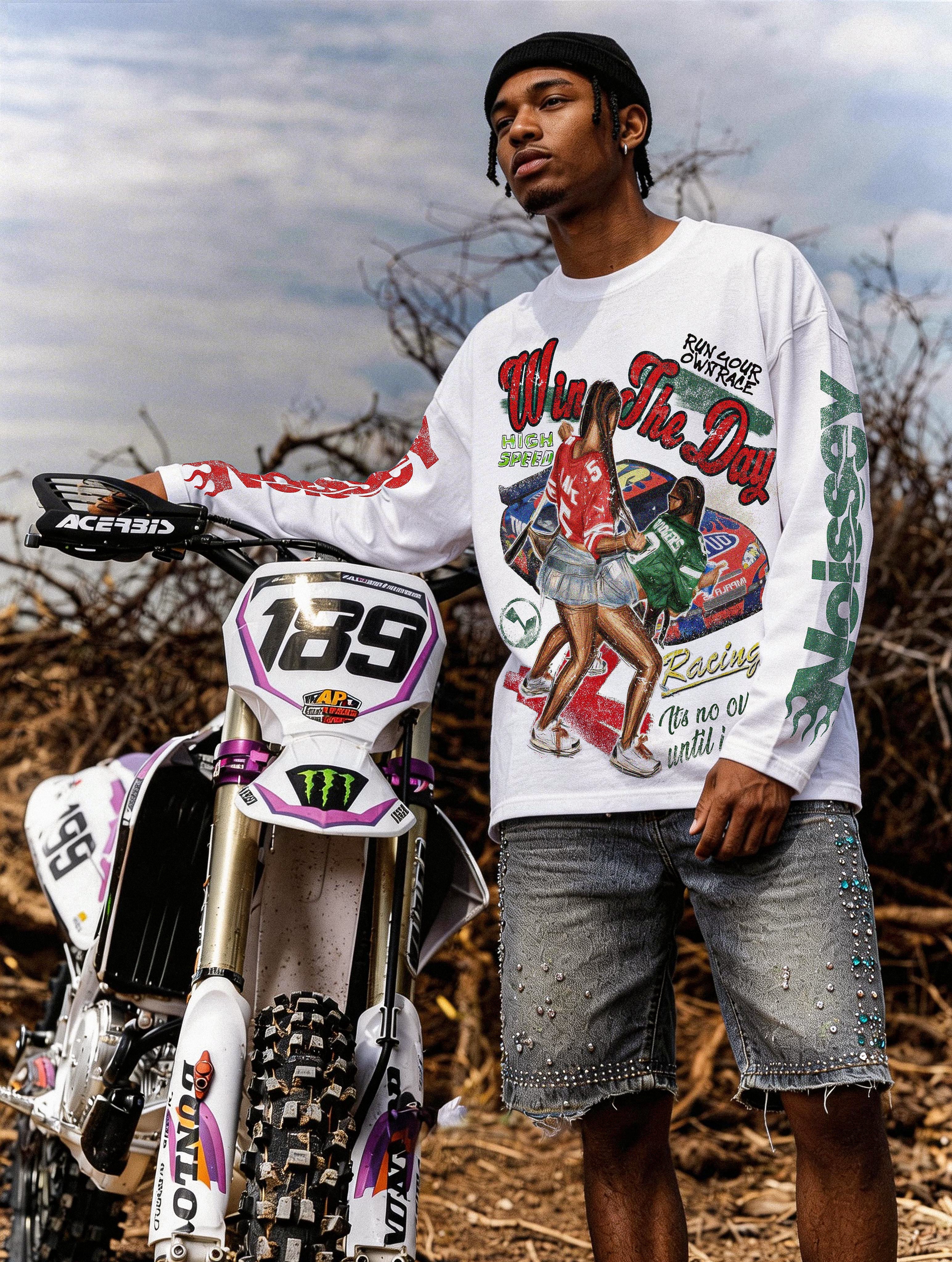 NOISSEY ""Win the Day" Racing Culture Figure Graphic Long Sleeve T?Shirt