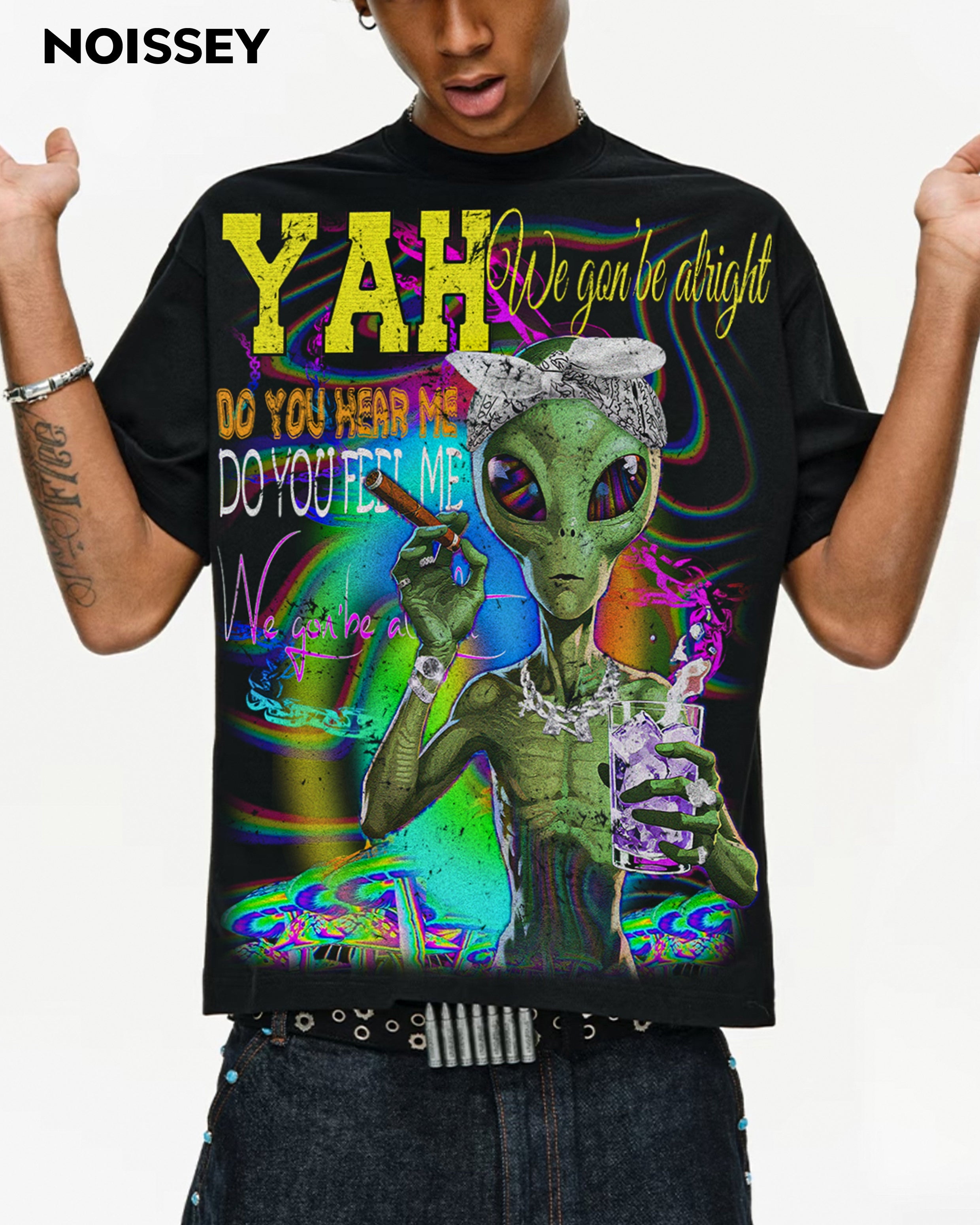 Boxy Oversized T-shirt with "YAH?We gon' be alright" Print