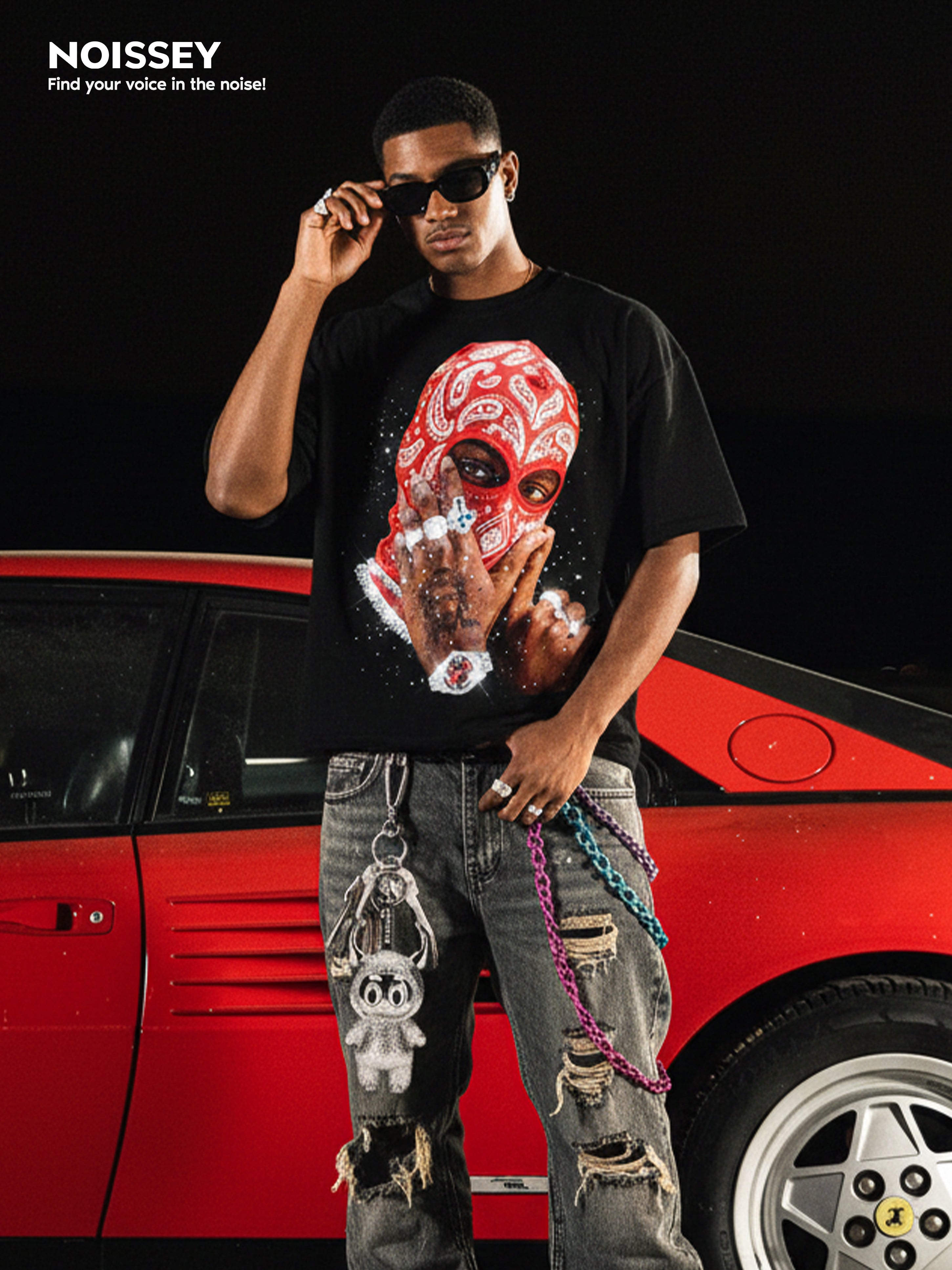 NOISSEY RED PAISLEY BALACLAVA - SHIMMERING JEWEL ART OVERSIZED TEE