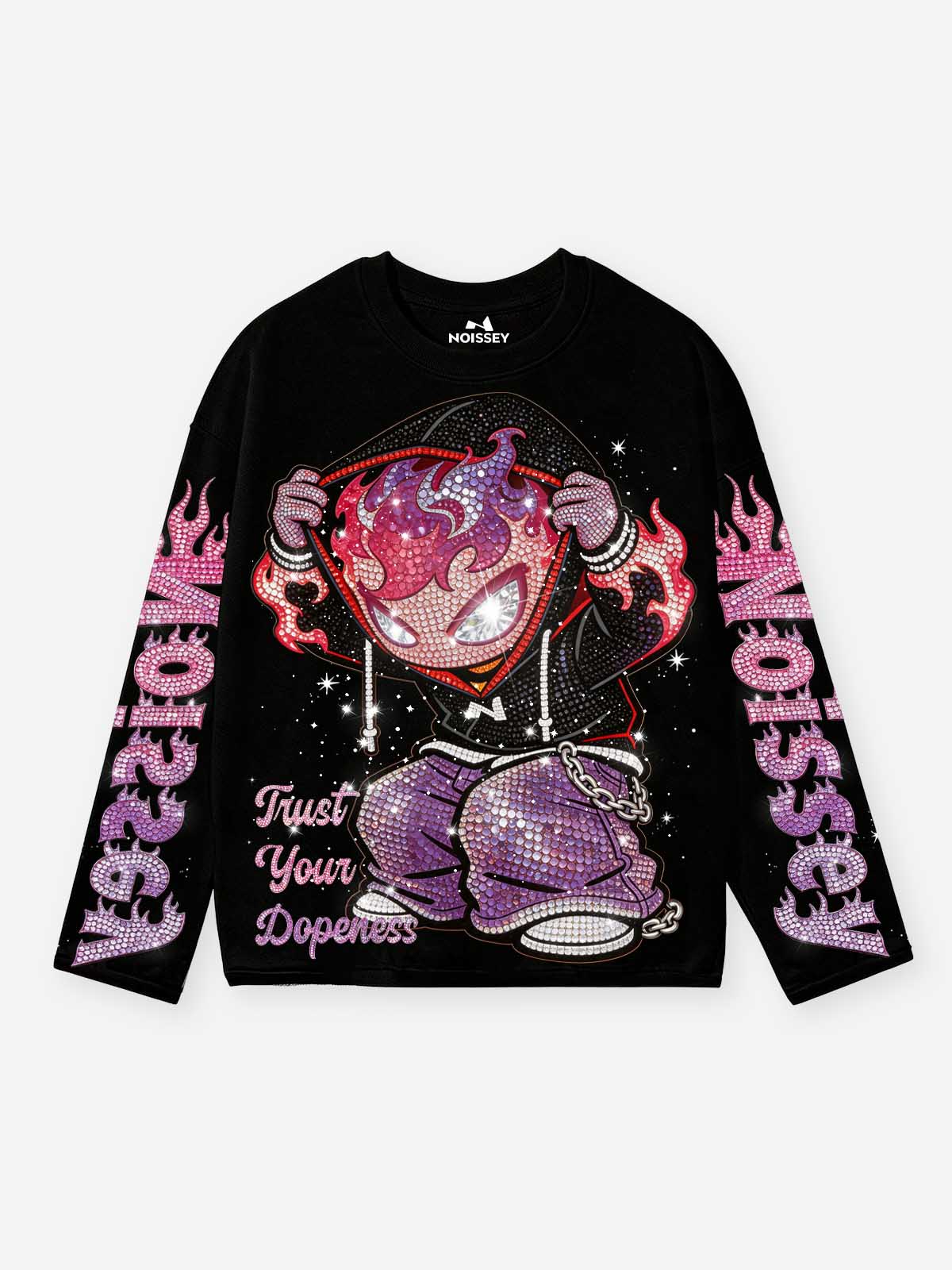 NOISSEY "Flame Kid" Pink-Purple Full-Rhinestone Long Sleeve - Heavyweight Black