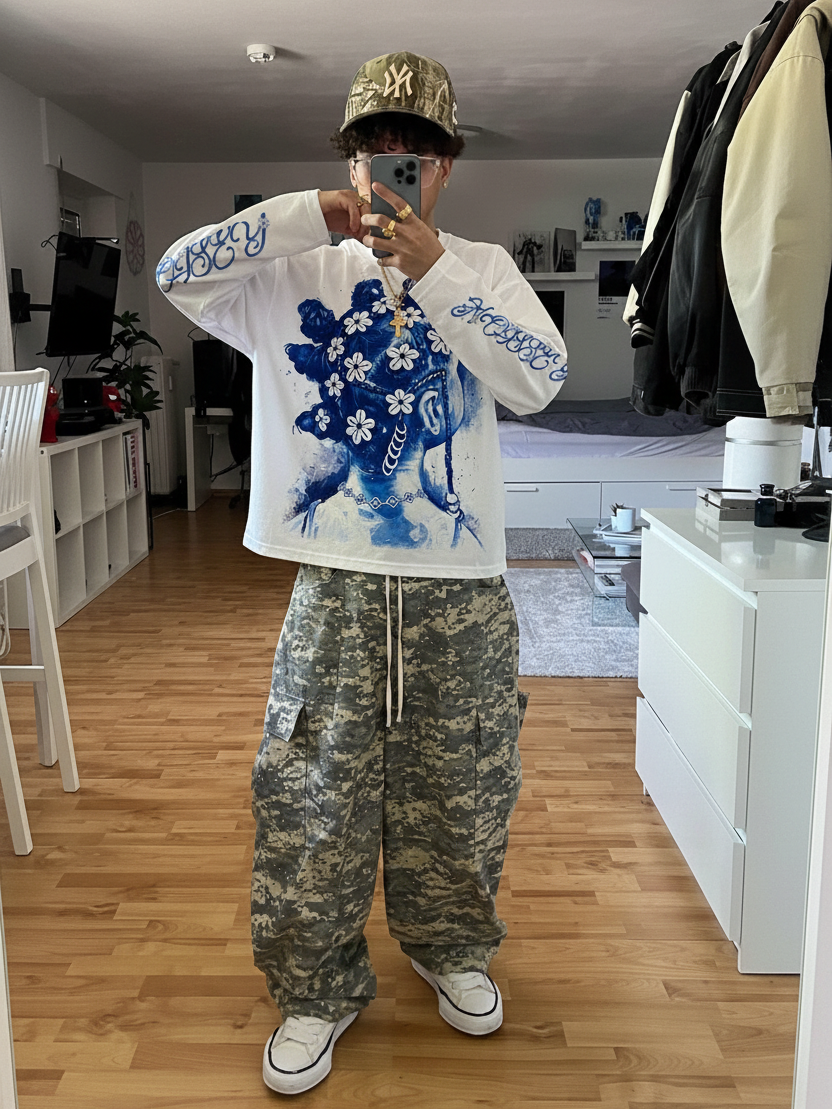 NOISSEY "Vintage Blue" Braided Girl Portrait Long Sleeve Sweatshirt - Off-White