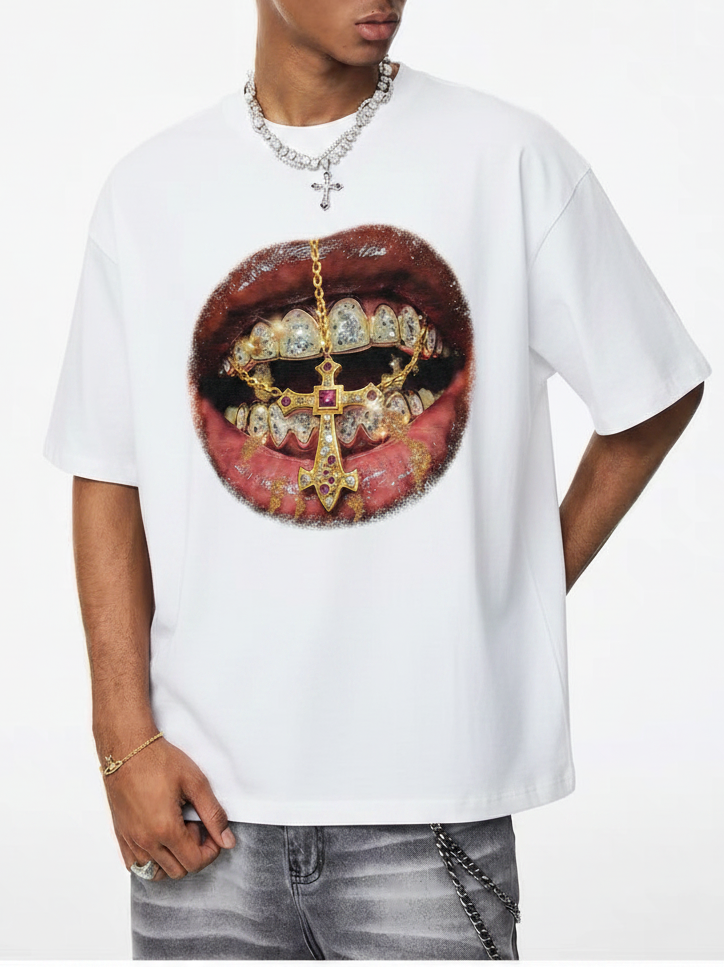 NOISSEY "Golden Cross Grills" Tee - Clean White Boxy Luxury Streetwear T-Shirt
