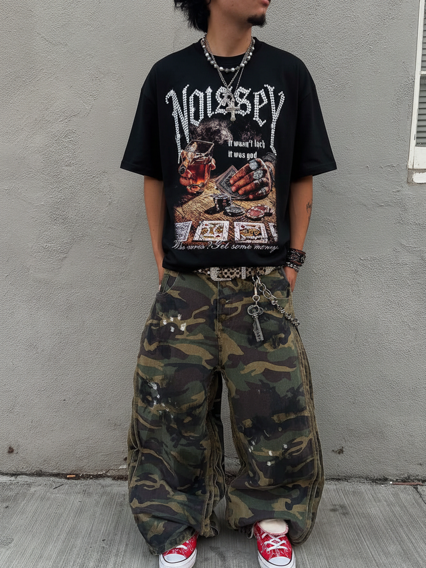 NOISSEY "Who Cares? Get Some Money" Tee - Jet Black Boxy Gothic Diamond T-Shirt