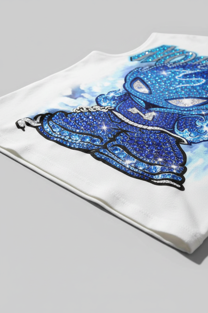 NOISSEY "Blue Ice Flame" Iced-Out Character Tank Top - Heavyweight White