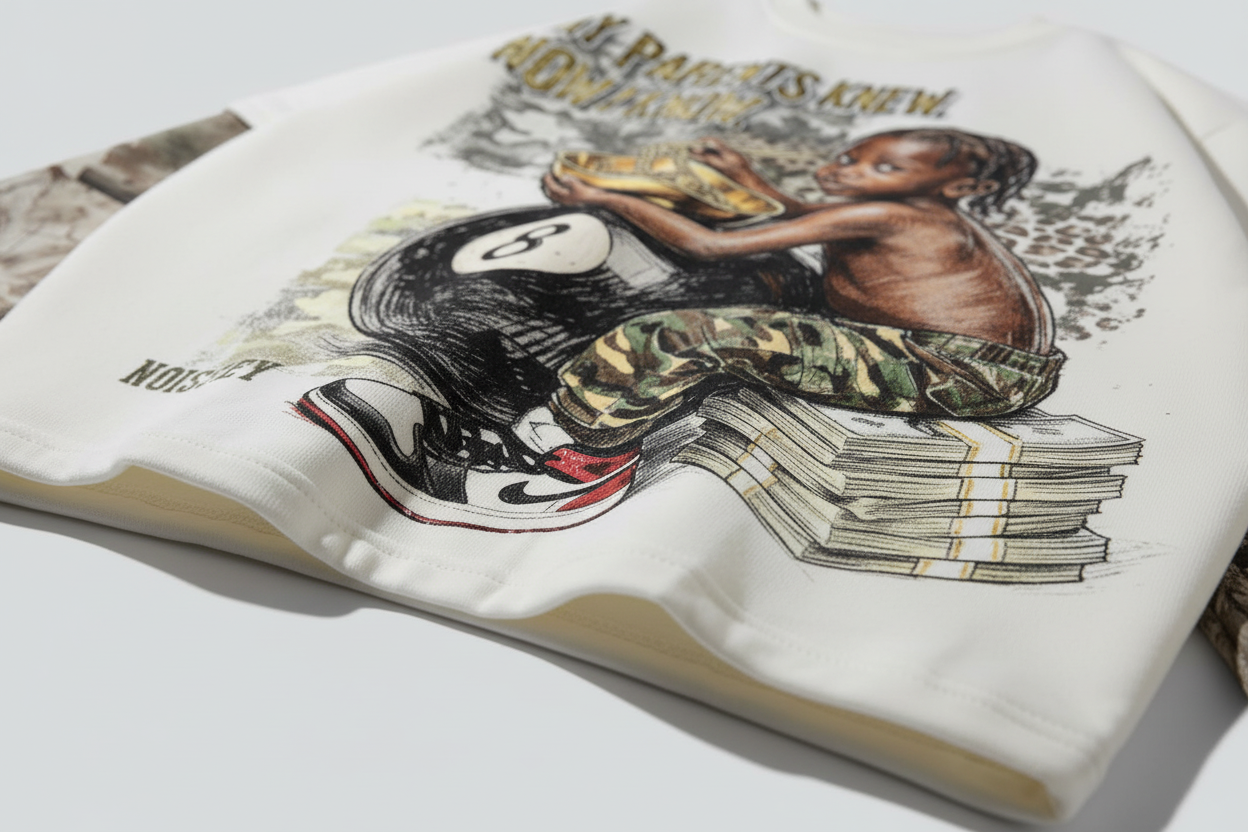 NOISSEY "Legacy Knowledge" Woodland Camo Layered Child Portrait Heavyweight Sweatshirt