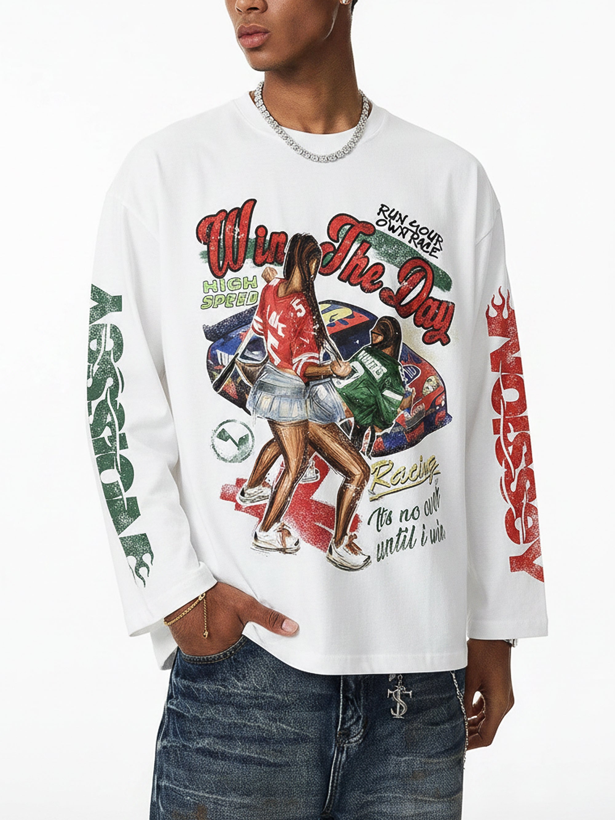 NOISSEY ""Win the Day" Racing Culture Figure Graphic Long Sleeve T?Shirt