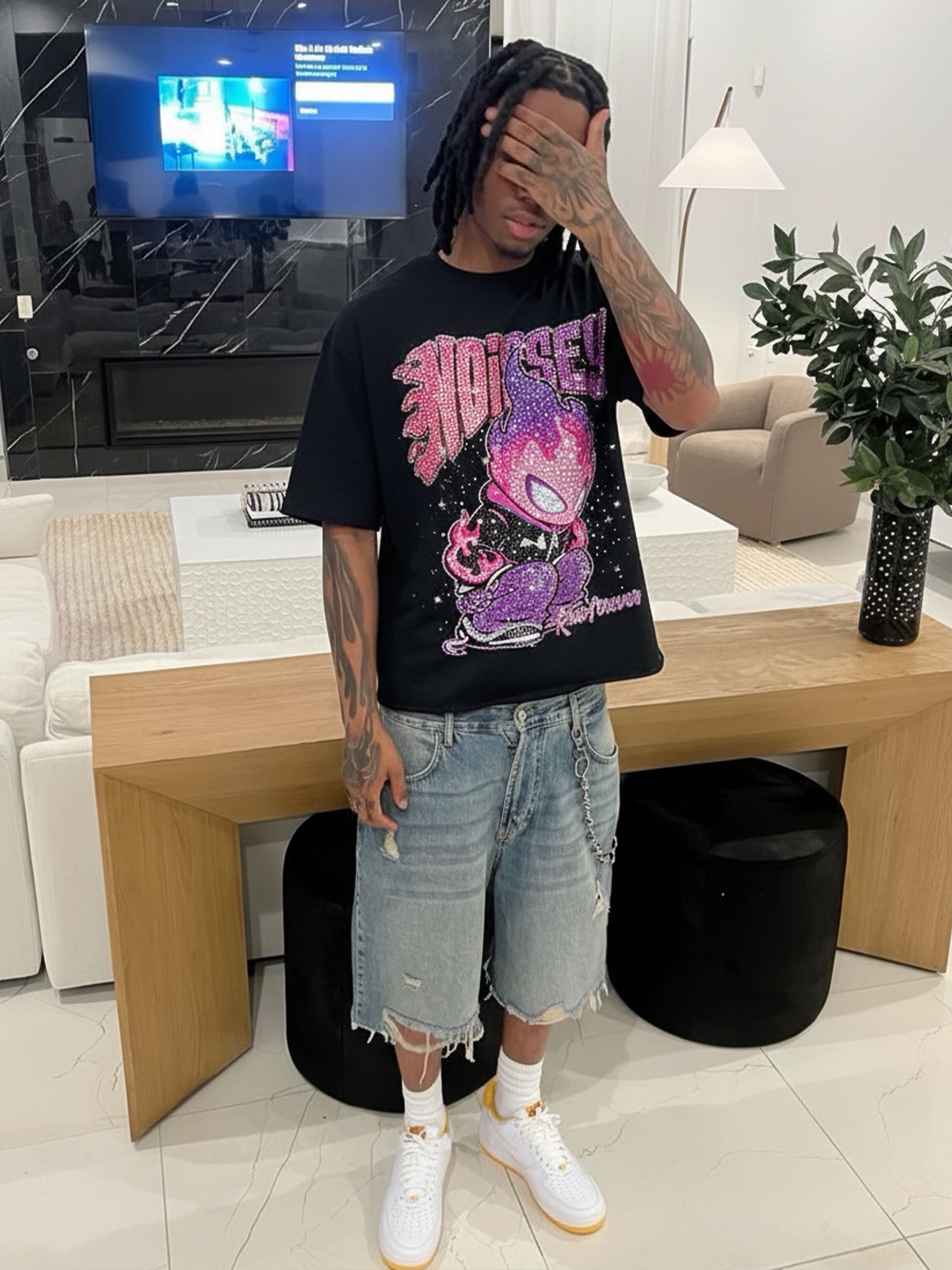 NOISSEY "Run Forever" Fire Kid Boxy Diamond Heavyweight Tee - Pink & Purple