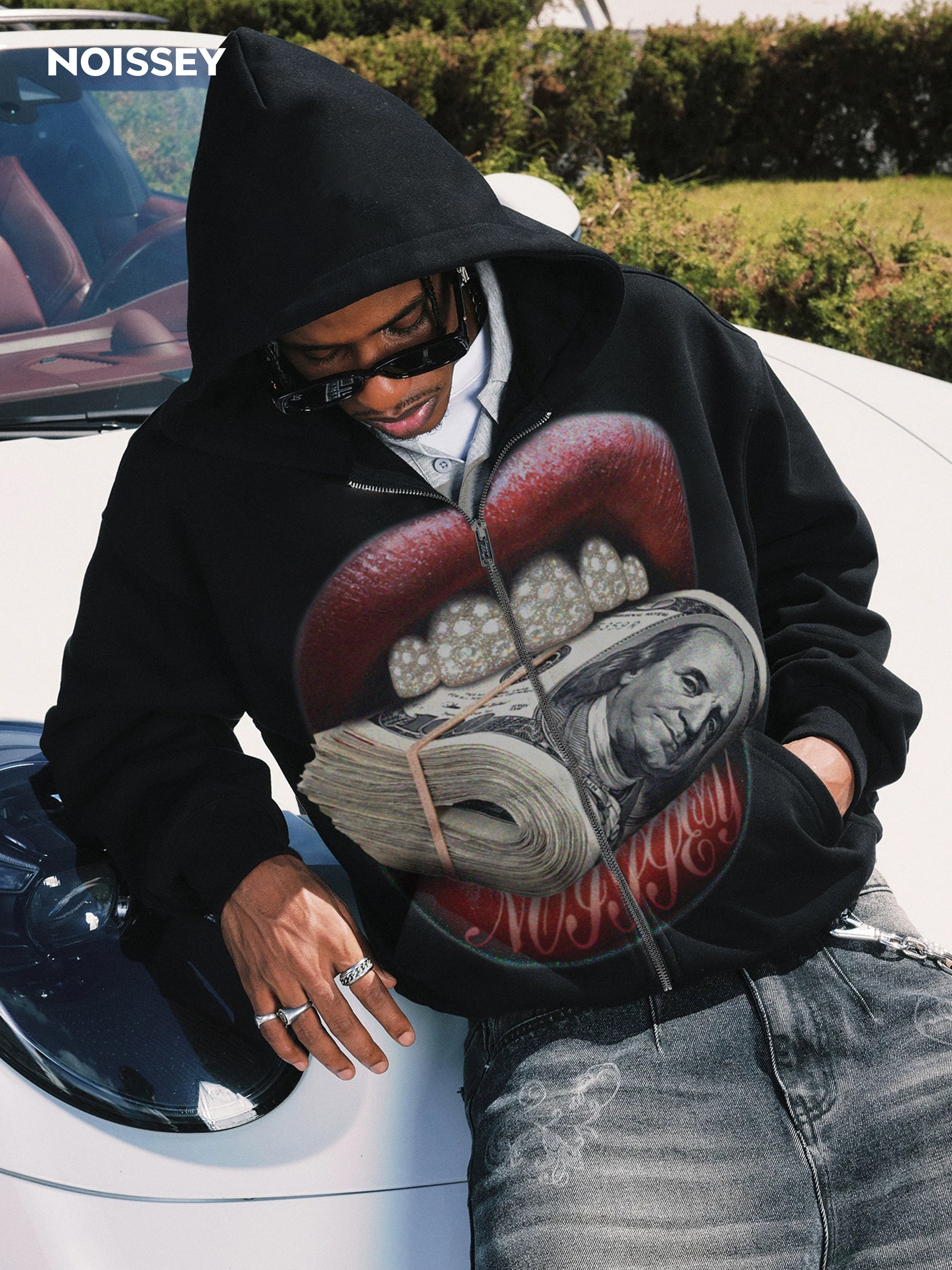 NOISSEY "Money Bite" Diamond Grillz Thermal Zip-Up Hoodie