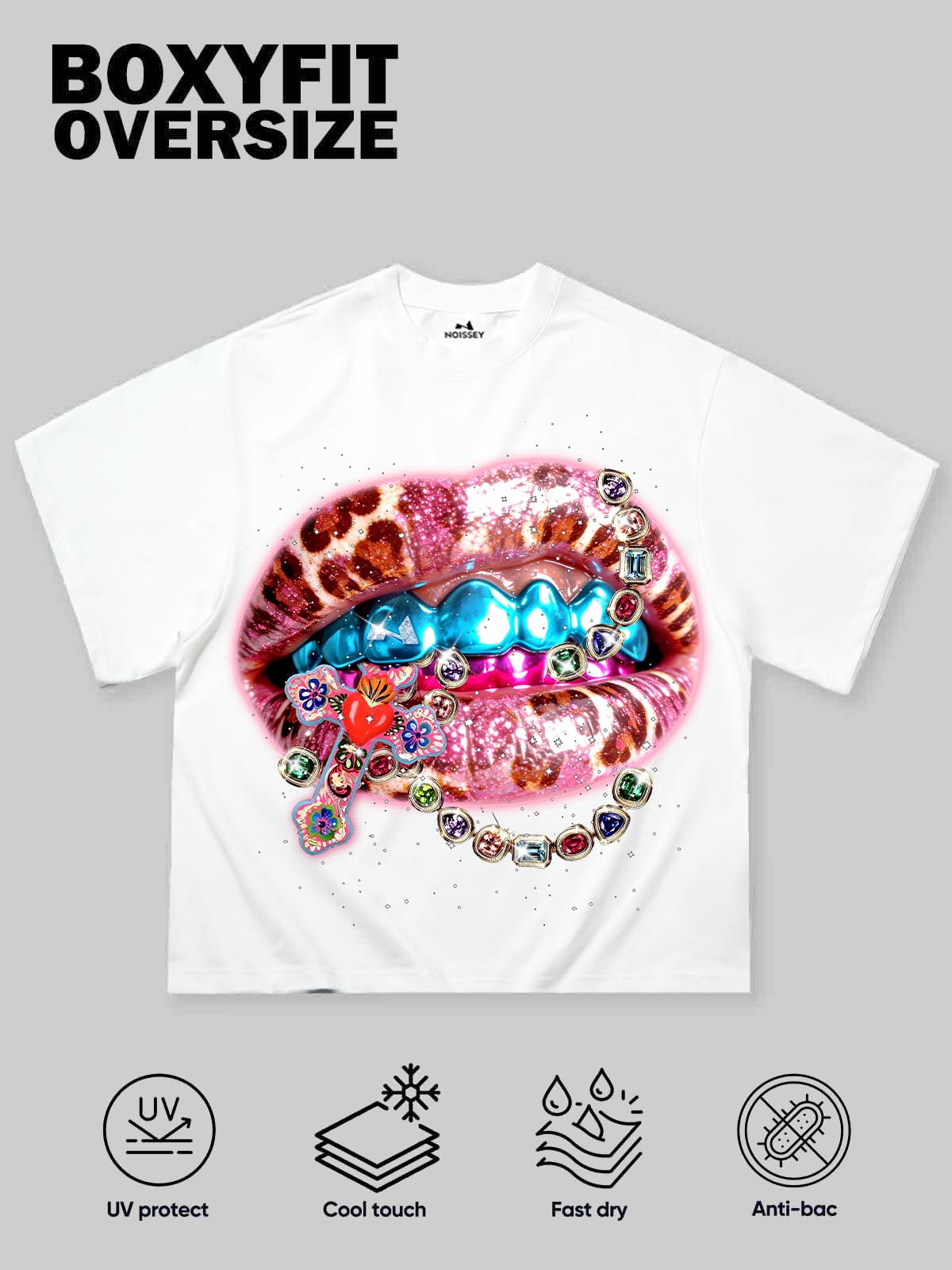 NOISSEY "DIAMOND GRILLZ" LEOPARD RHINESTONE ART TEE