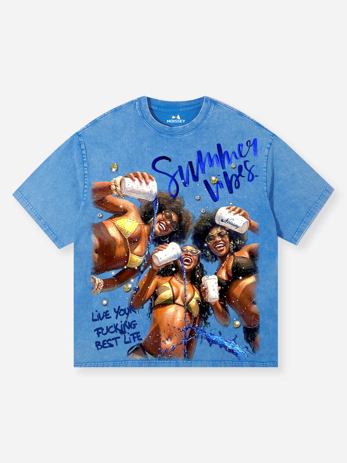 NOISSEY "Summer Vibes" Graphic Art Washed Distressed Rhinestone Heavyweight T-Shirt