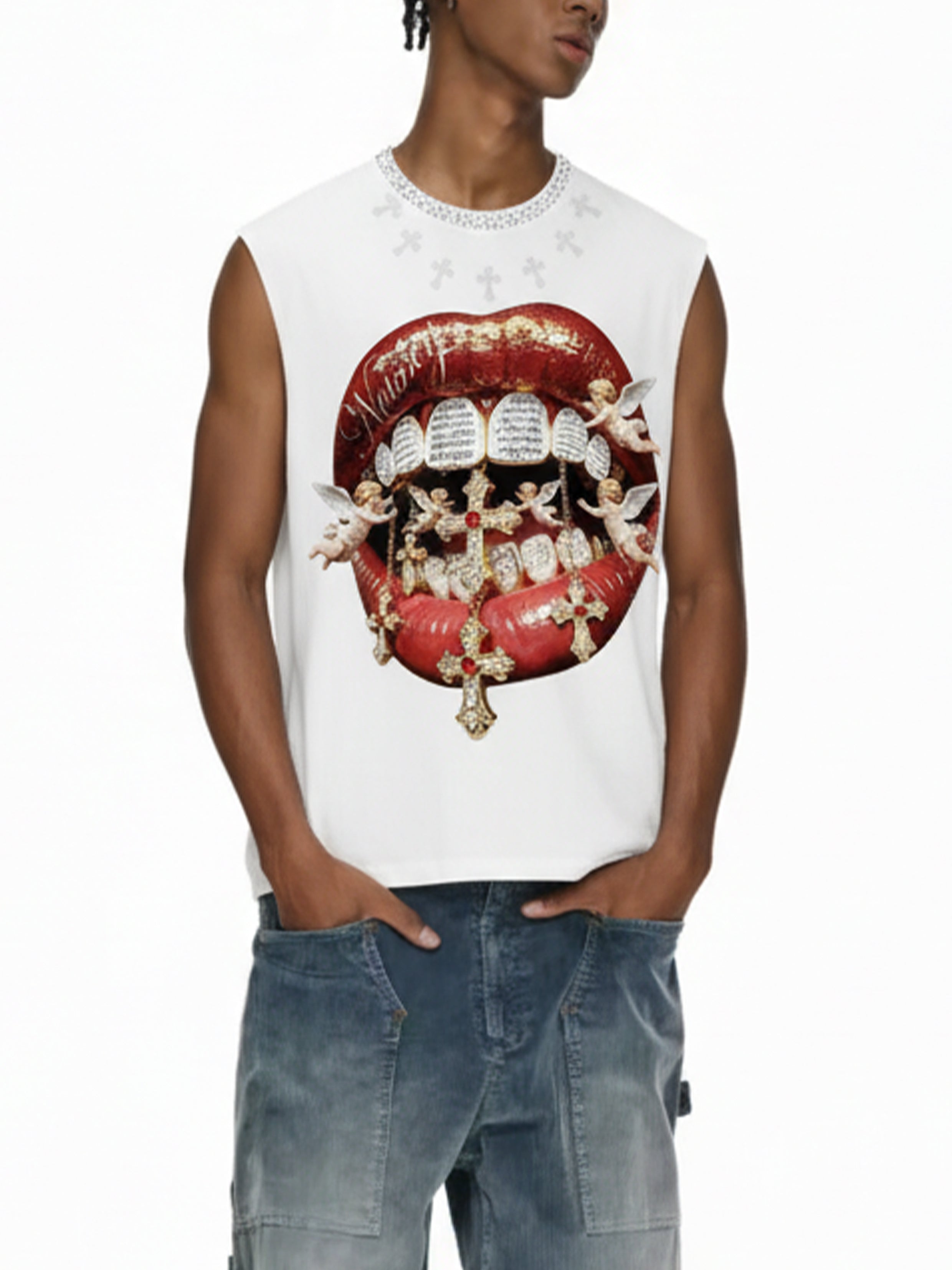 NOISSEY "DIVINE KISS" ANGELIC CROSS ICED OUT RED LIPS GRAPHIC TANK TOP