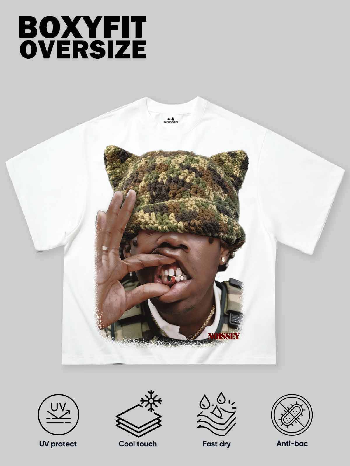 Camouflage Cat-Ear Knitted Hat Character Print Boxy Oversized T-shirt