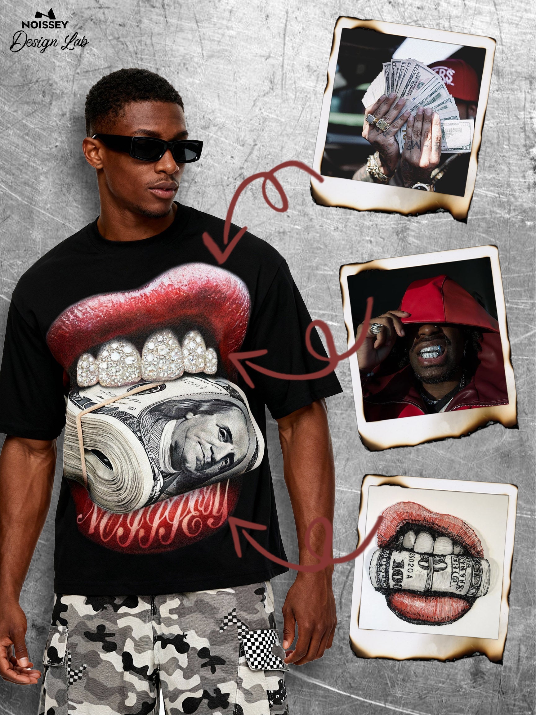 Money-Biting Lip Diamond Grills Boxy Oversized T-shirt