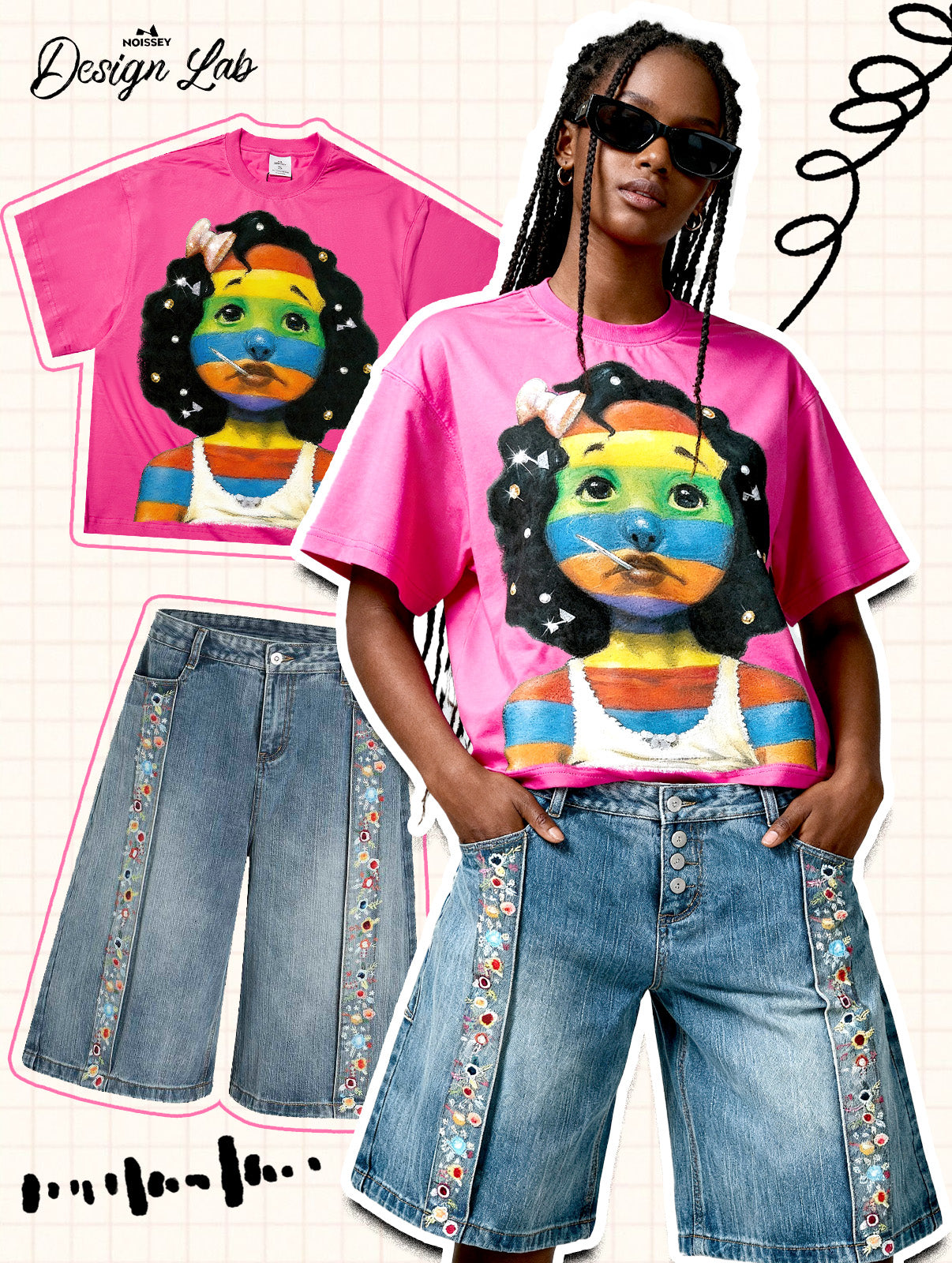 Colorful Striped Girl Art Print Boxy Oversized T-shirt