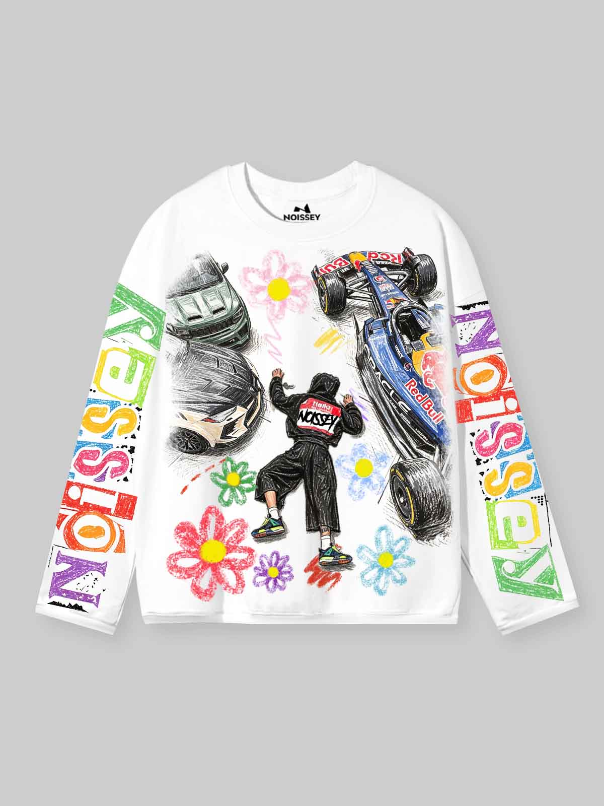 NOISSEY Falling Stars Motorsport Graffiti Art Long Sleeve Tee - White