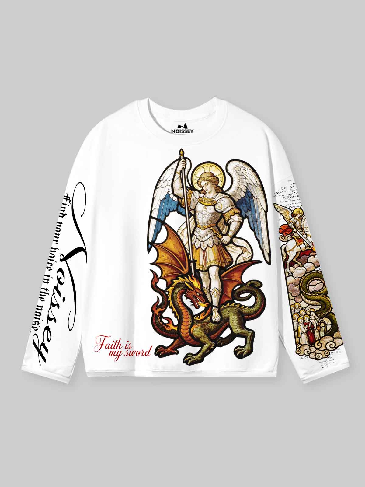 NOISSEY "Saint Michael" White Long-Sleeve - Gothic Graphic Tee