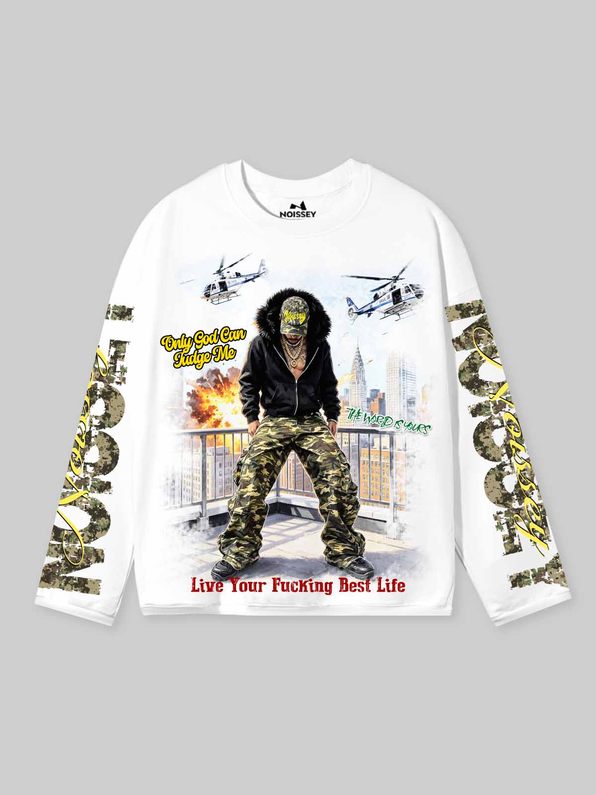 NOISSEY "God Has My Back" Camo Hip-Hop Heavy Long Sleeve Tee - White