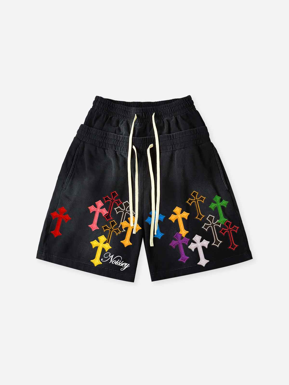 NOISSEY "Sacred Cross" Wide-Leg Vintage Wash Heavyweight Shorts - Washed Black
