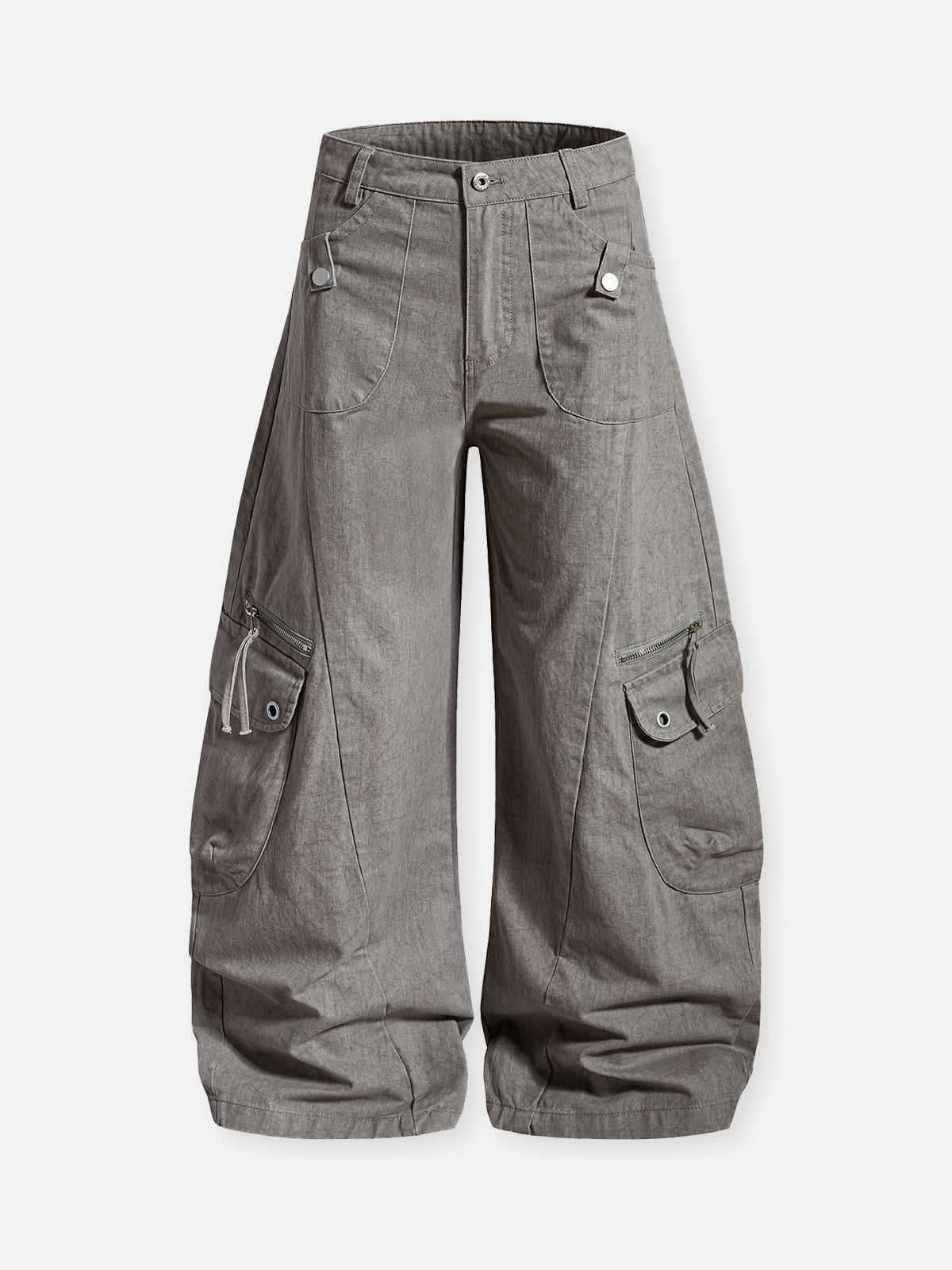 Vintage Distressed Multi-Pocket Wide-Leg Curved Pants