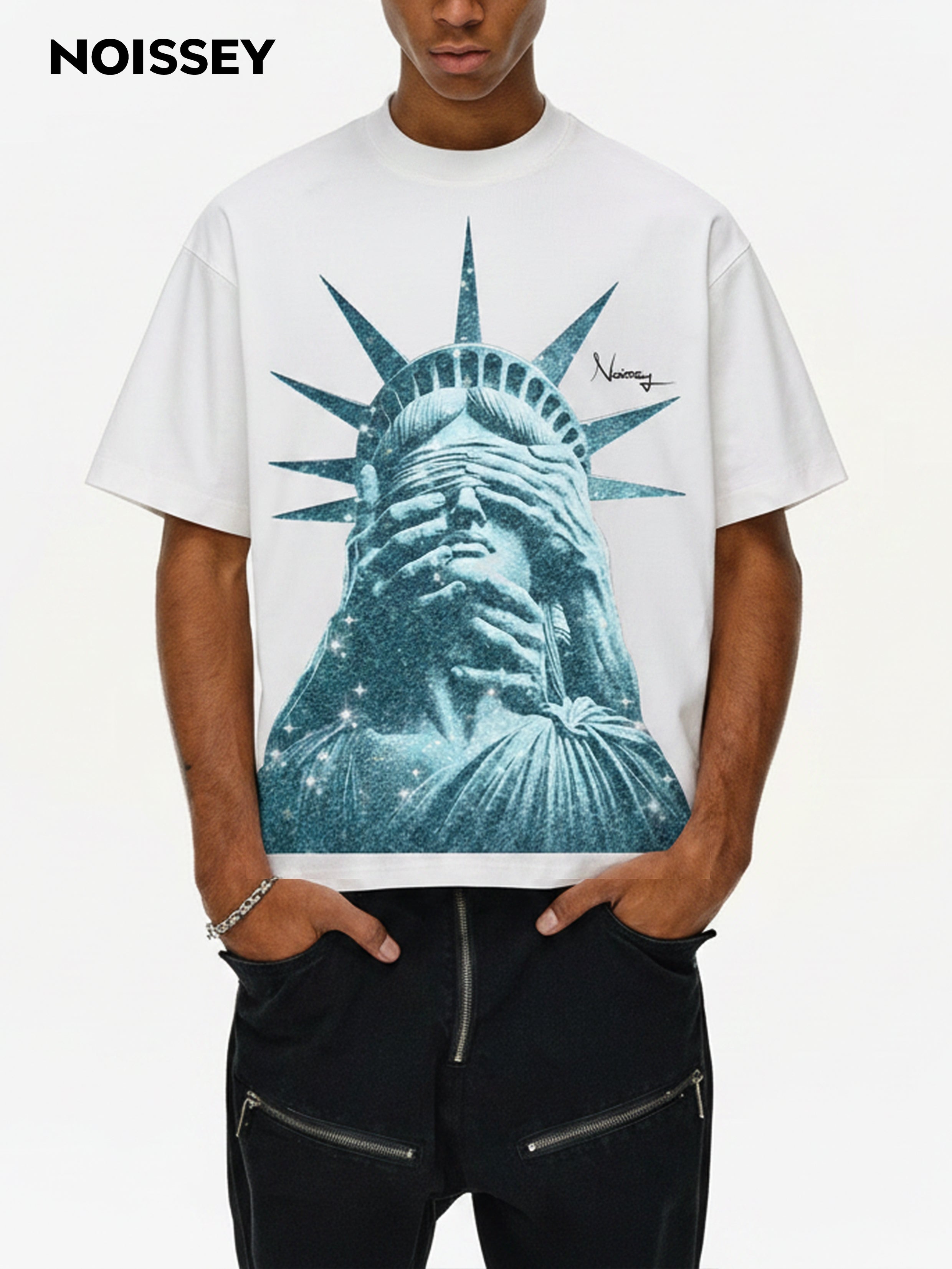 NOISSEY "Liberty Blinded" Heavyweight Tee - White Boxy Street Graphic T-Shirt